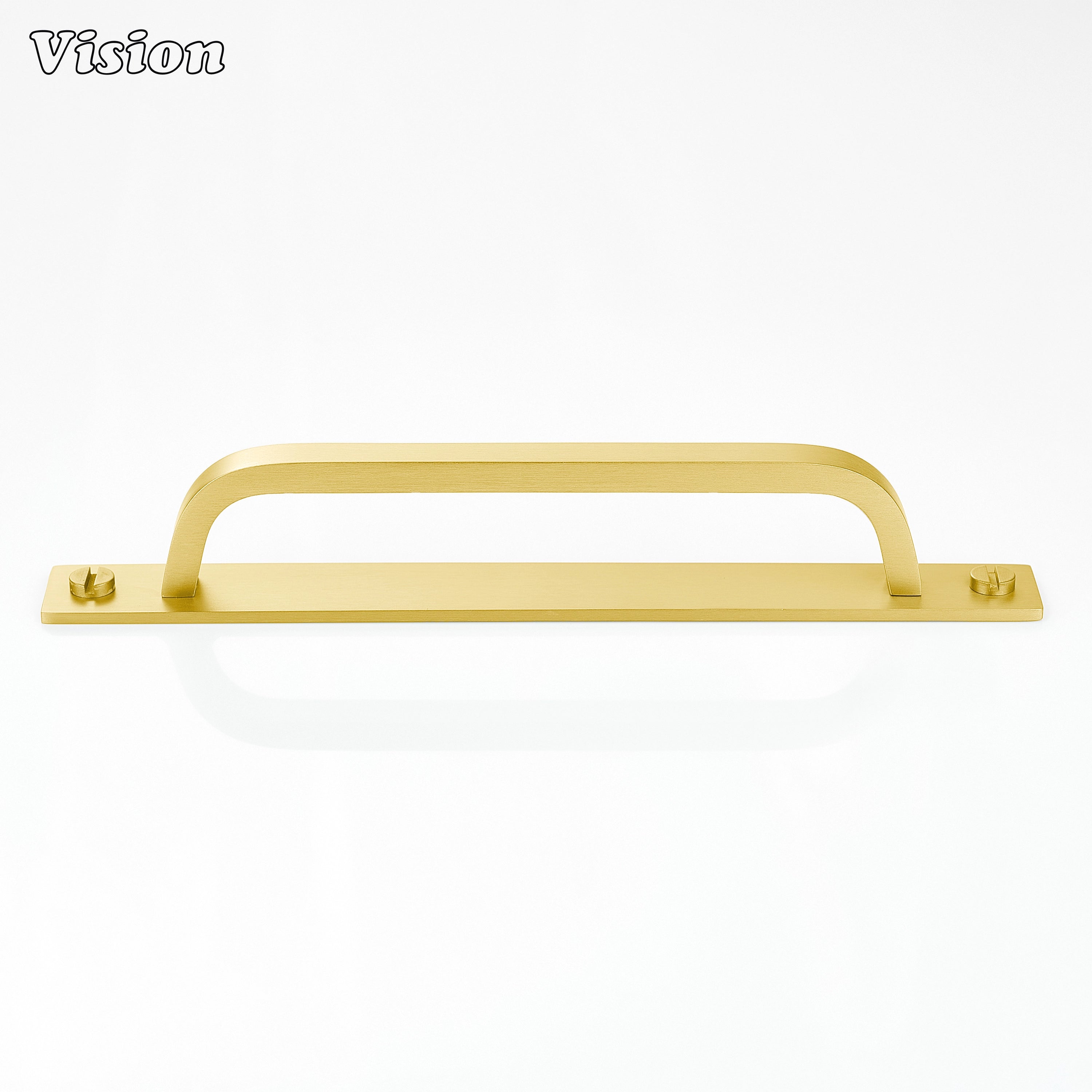 Gold cabinet handle with backplate showing smooth bar form for drawer furniture