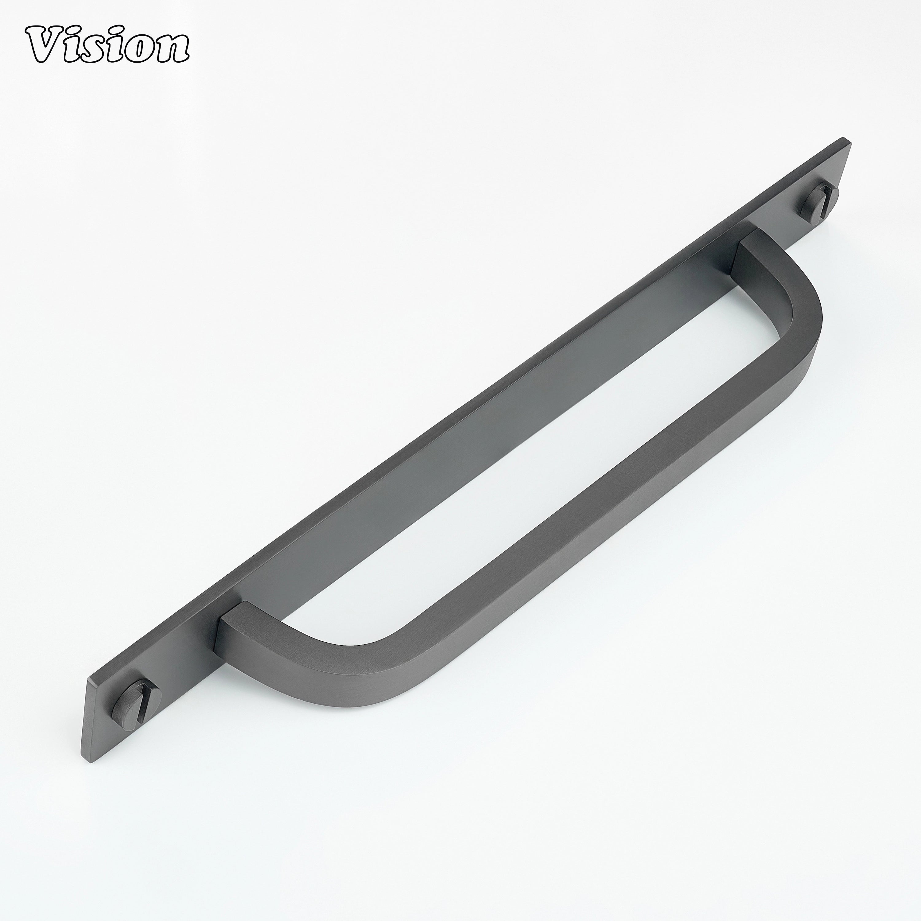 Gunmetal cabinet handle with backplate showing smooth bar construction
