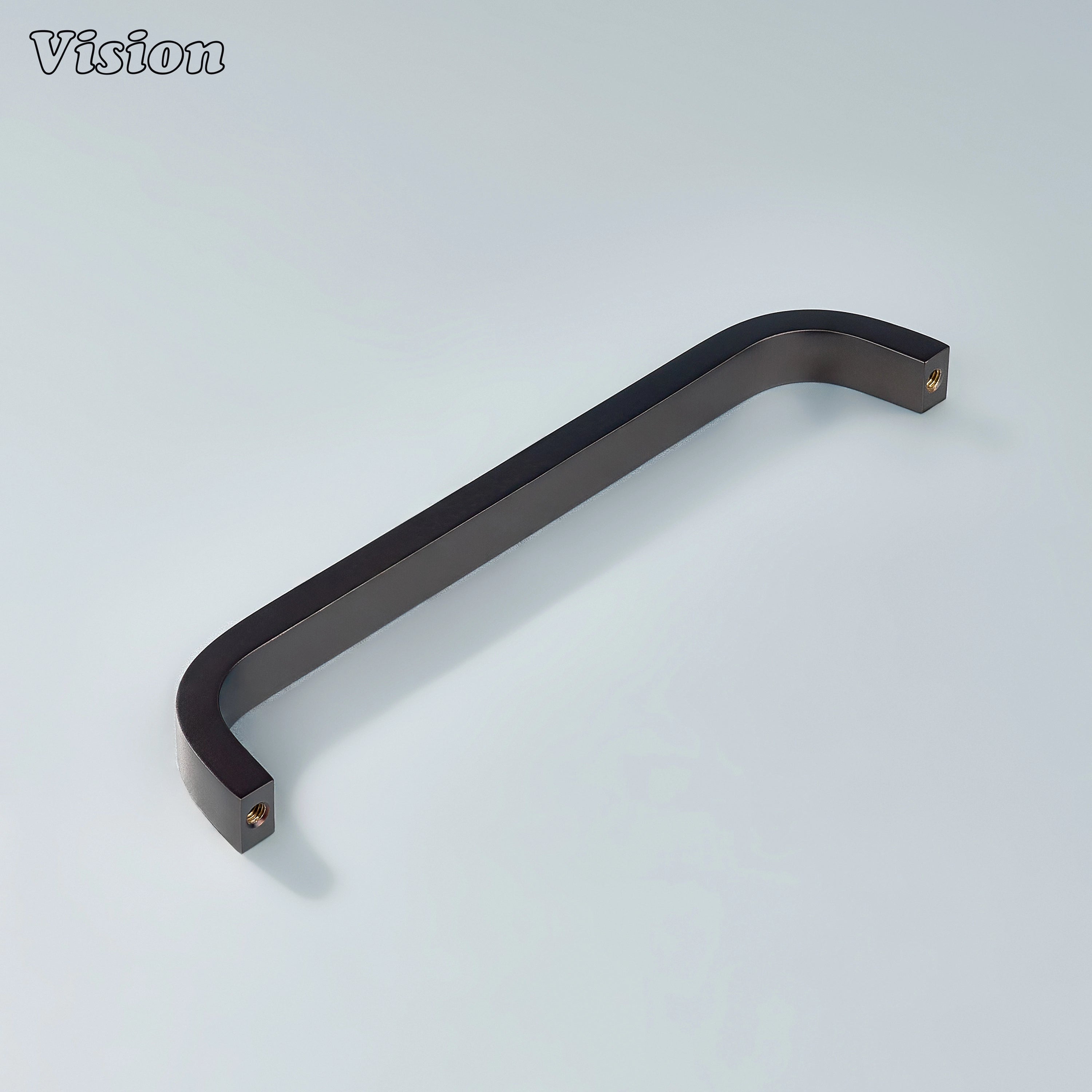 Sturdy curved brass handle in oil rubbed bronze finish for kitchen drawers.
