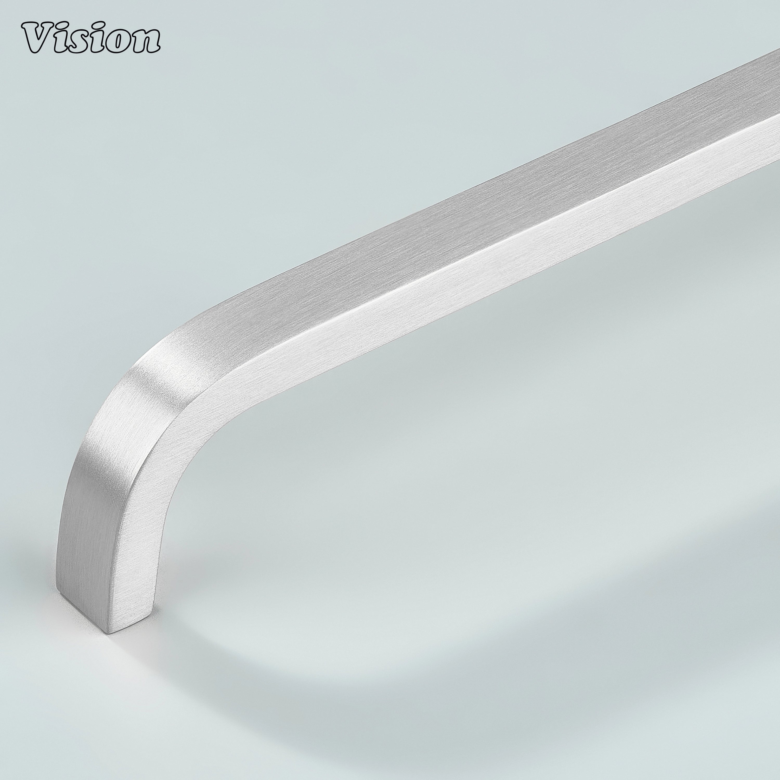 Silver curved brass handle for kitchen and wardrobe cabinets.