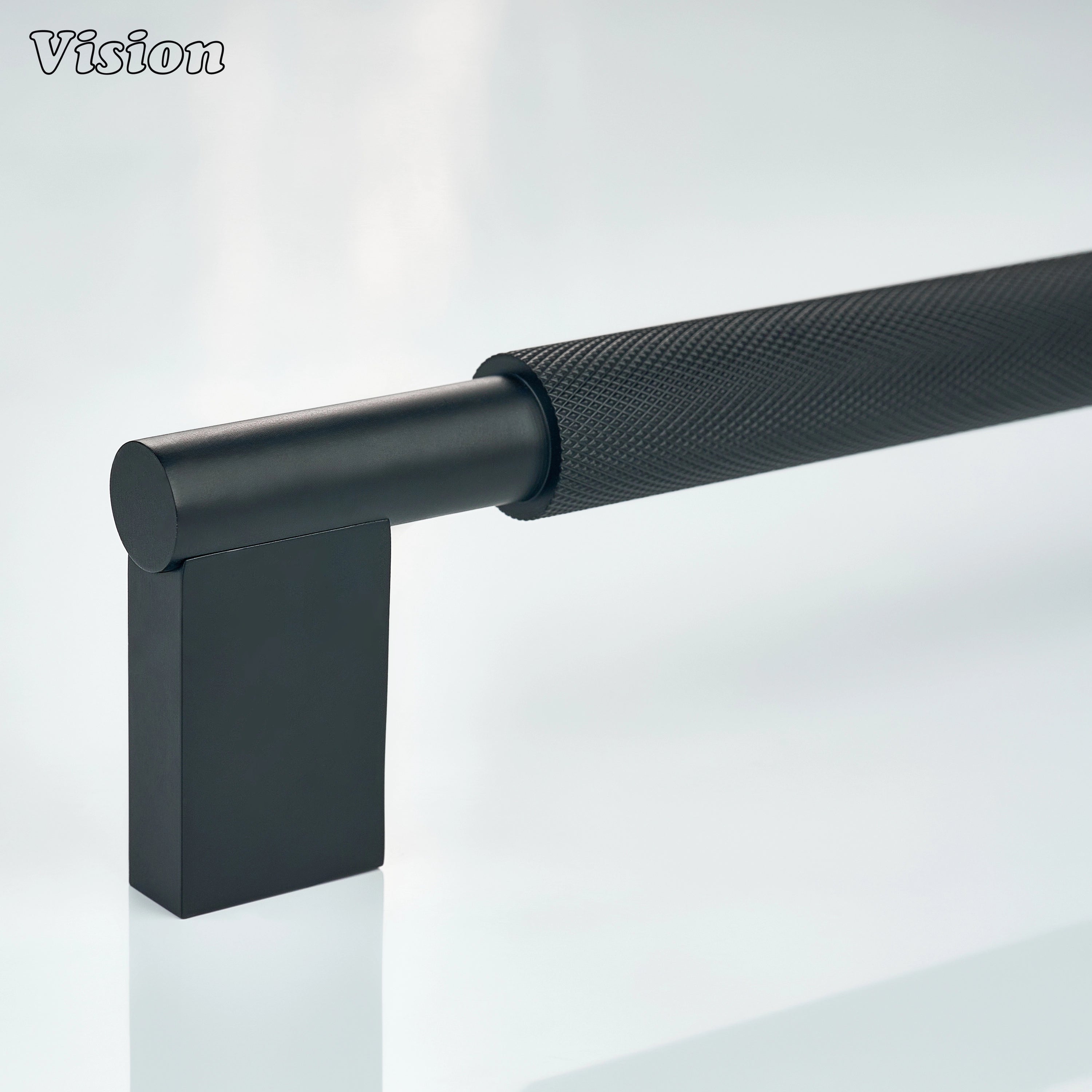 Black knurled appliance pull with textured bar and rectangular supports for refrigerators.