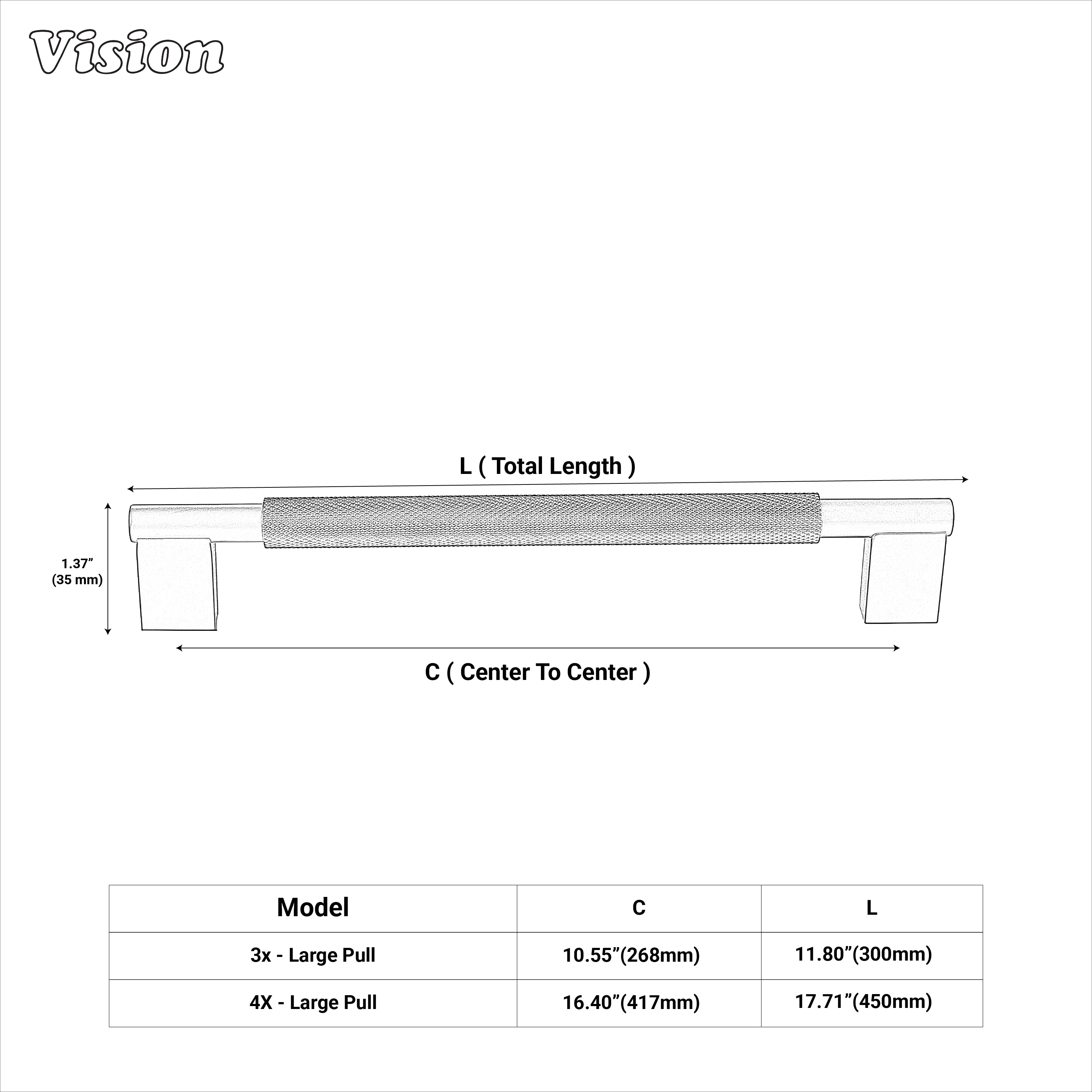 Black knurled appliance handle with textured bar for built-in refrigerators.