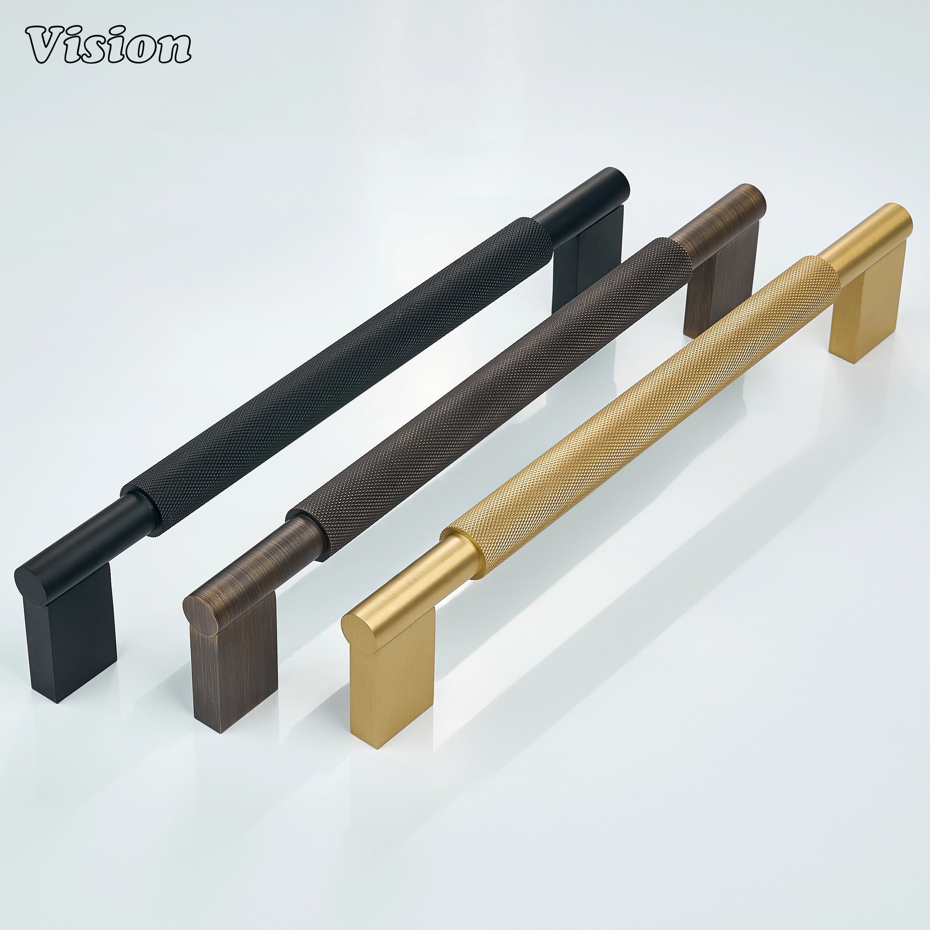 Black knurled brass appliance pull with grip texture for pantry doors.