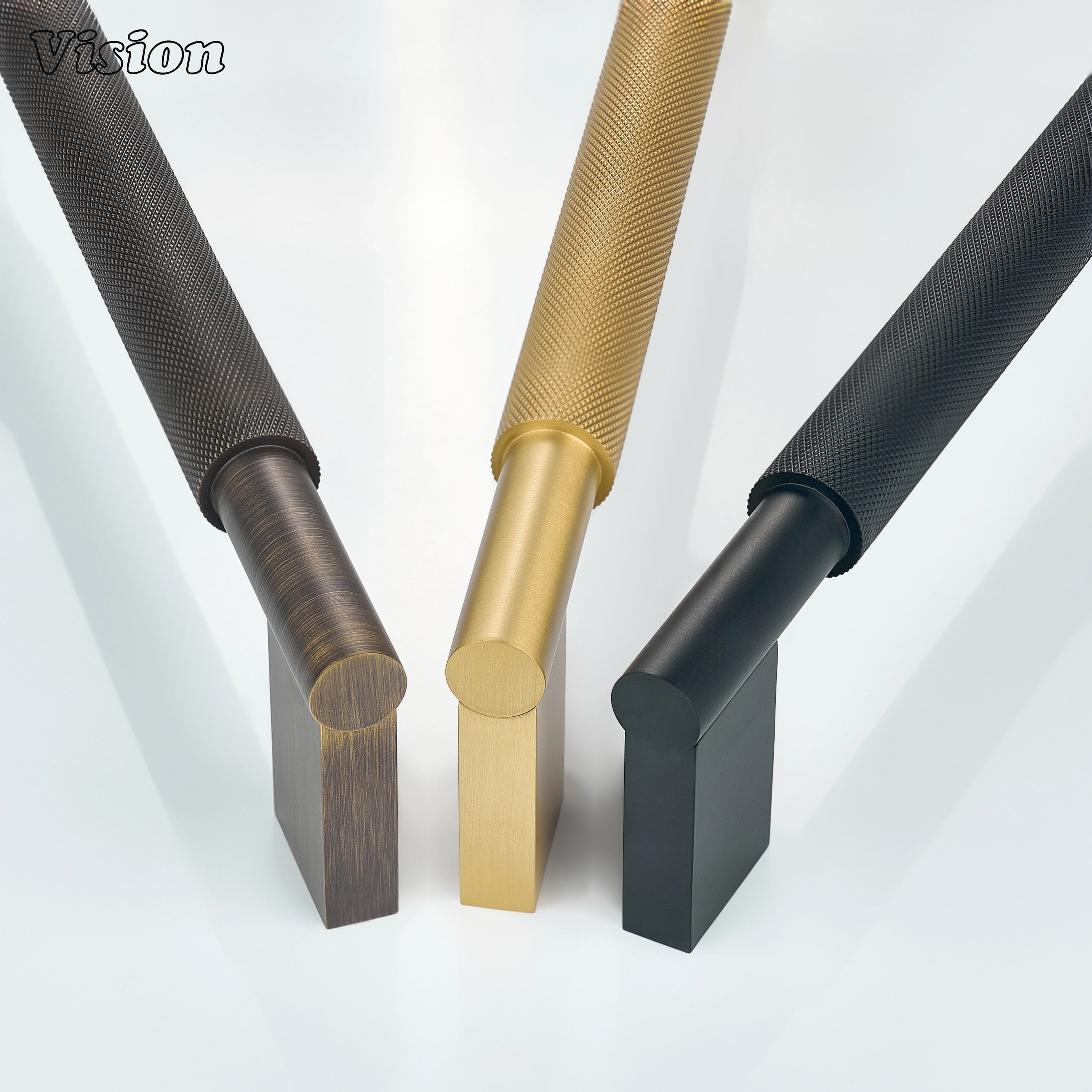 Black textured appliance handle with block mounts for freezer panels.