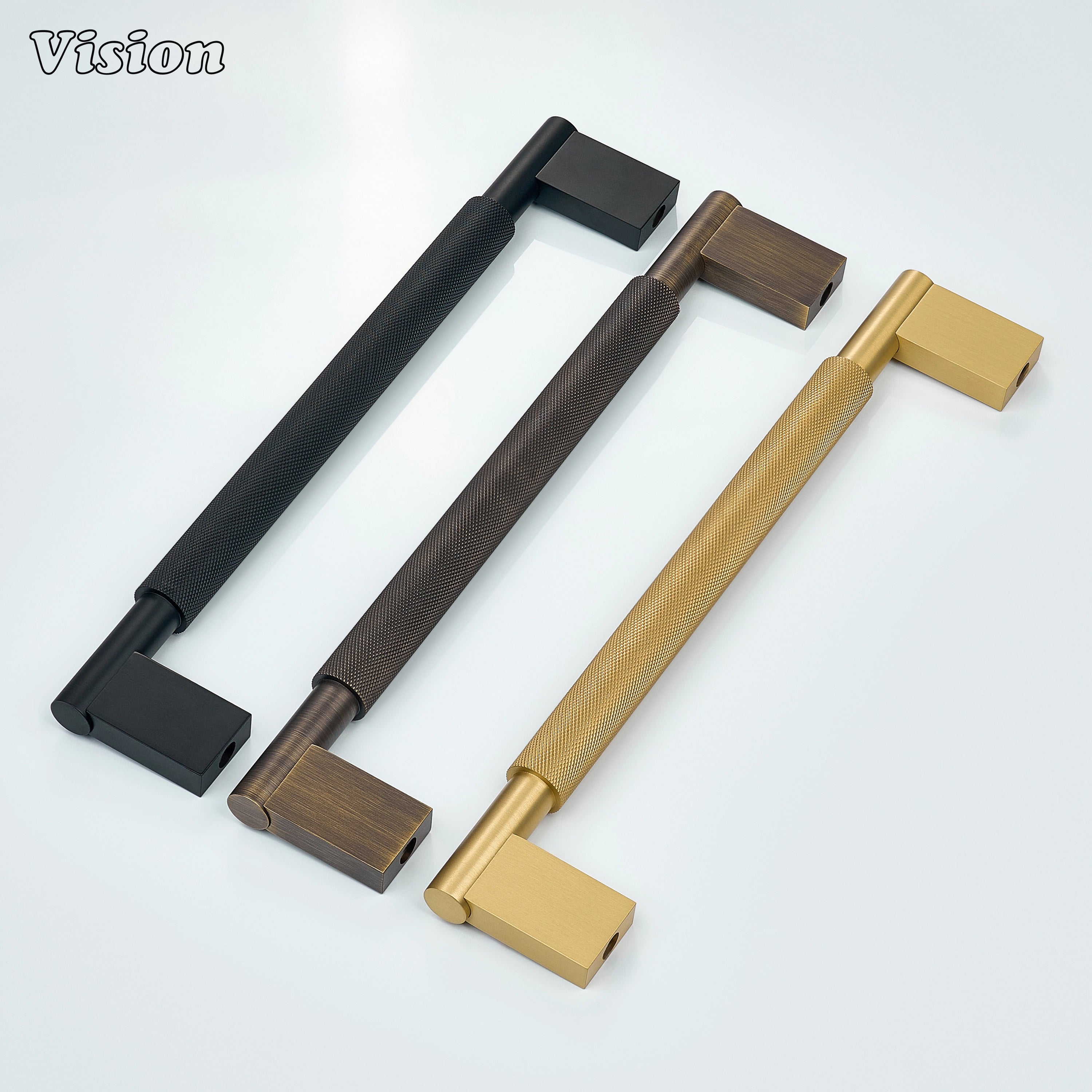 Black appliance pull with precision knurling for custom kitchen cabinetry.