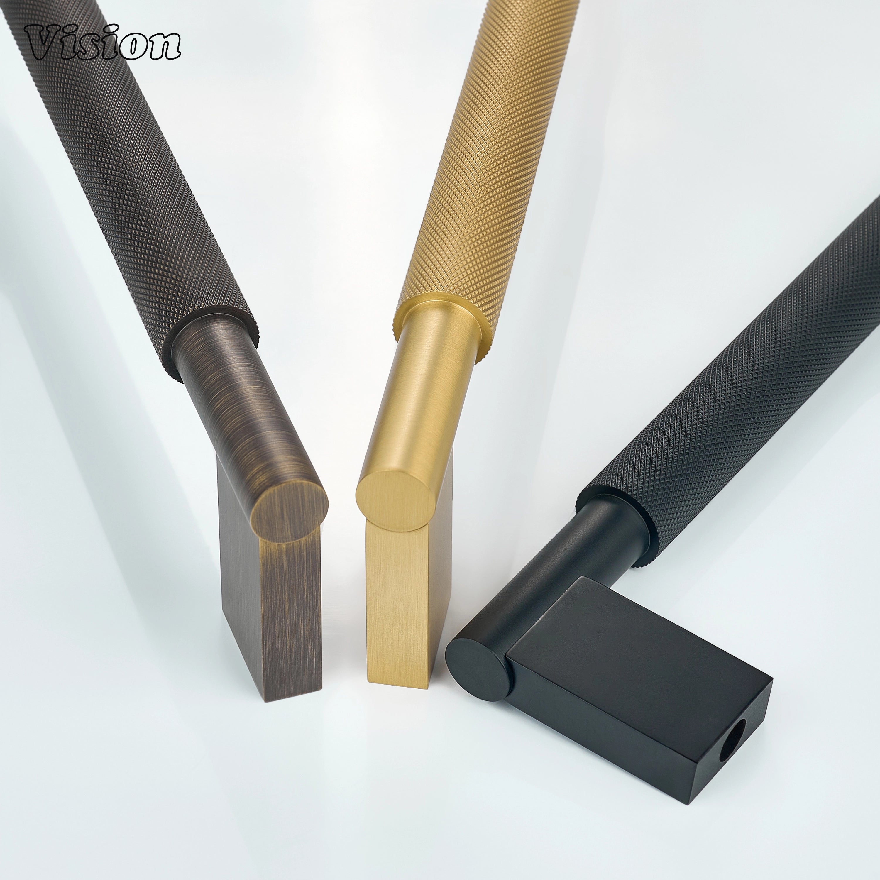 Black brass appliance pull with structured supports for concealed appliance panels.
