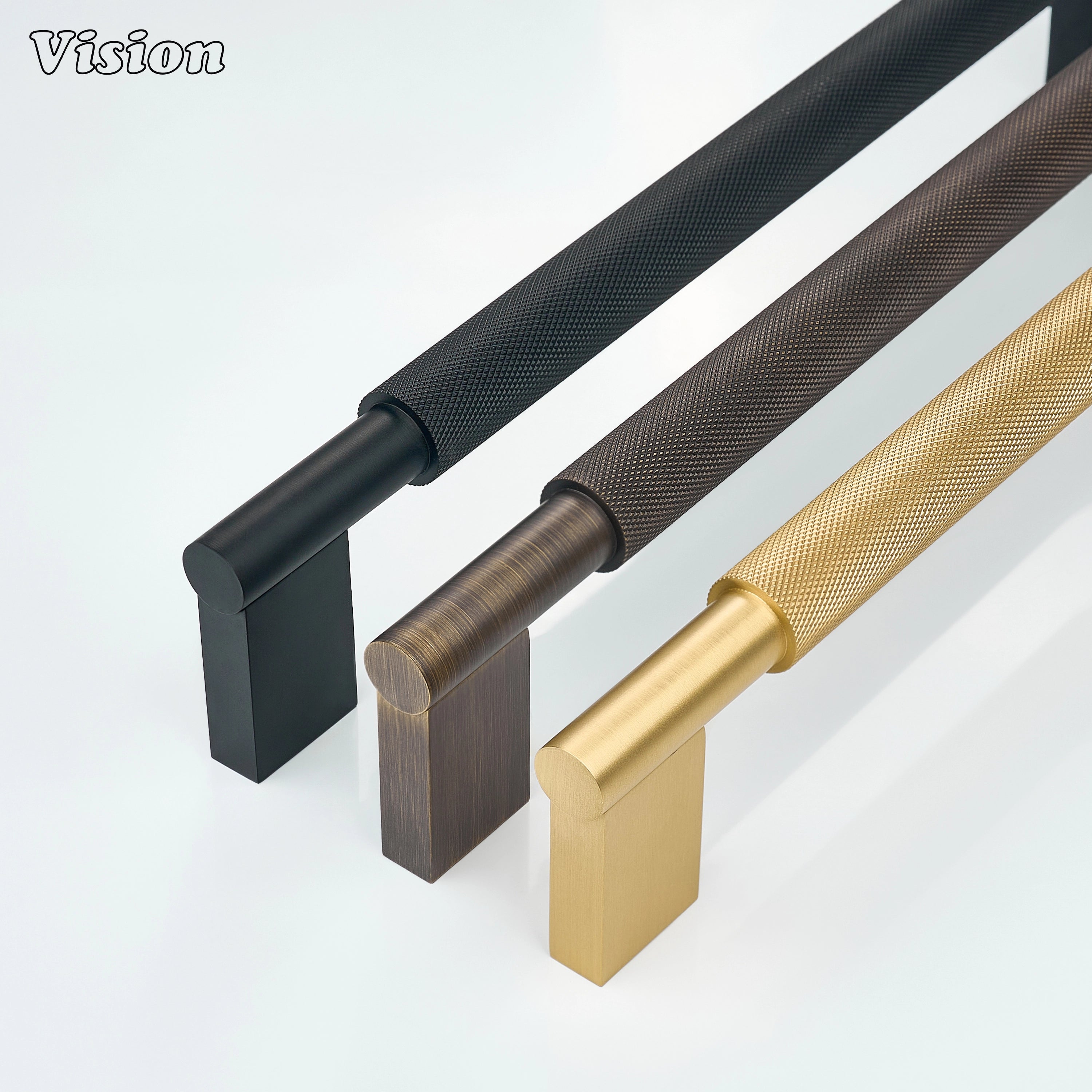 Gold brass appliance handle with round bar ends for custom refrigerator doors.