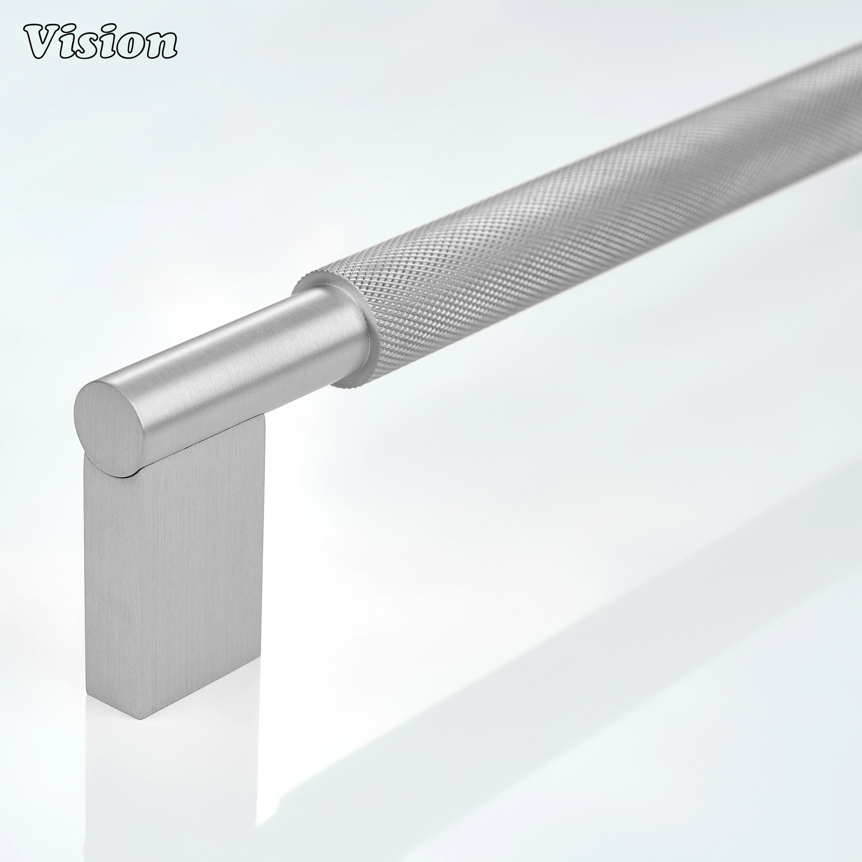 Silver knurled appliance pull with textured bar and rectangular supports for refrigerators.