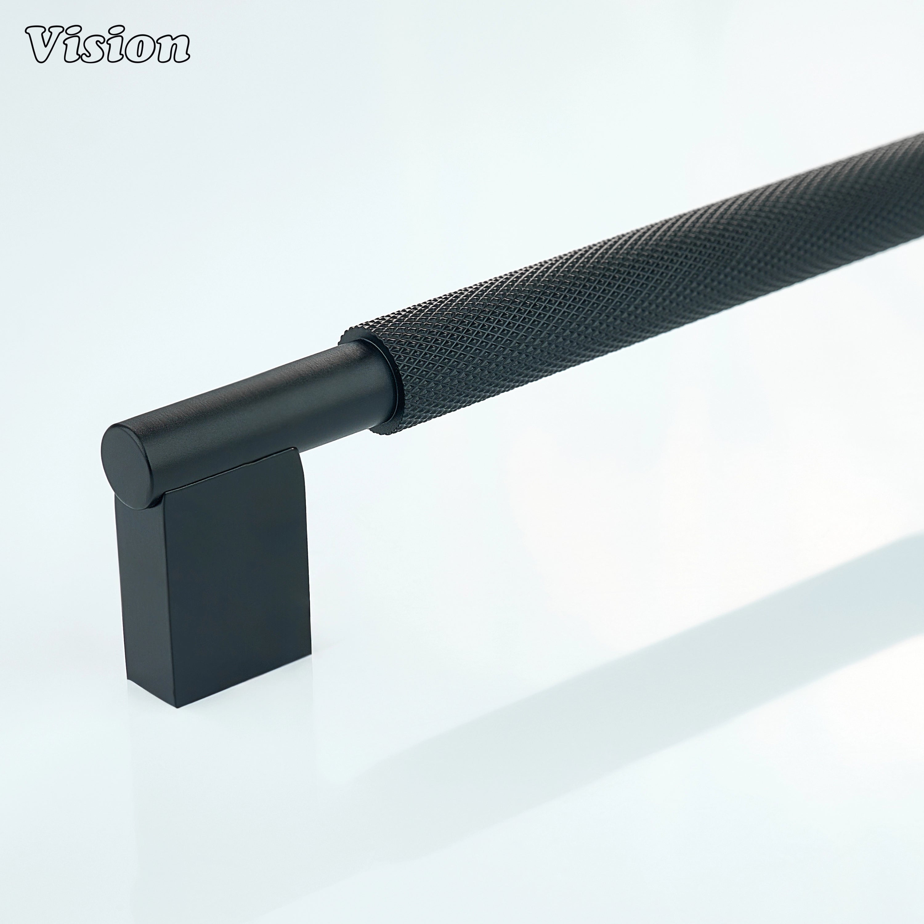 Black knurled cabinet handle with textured bar for kitchen cabinets