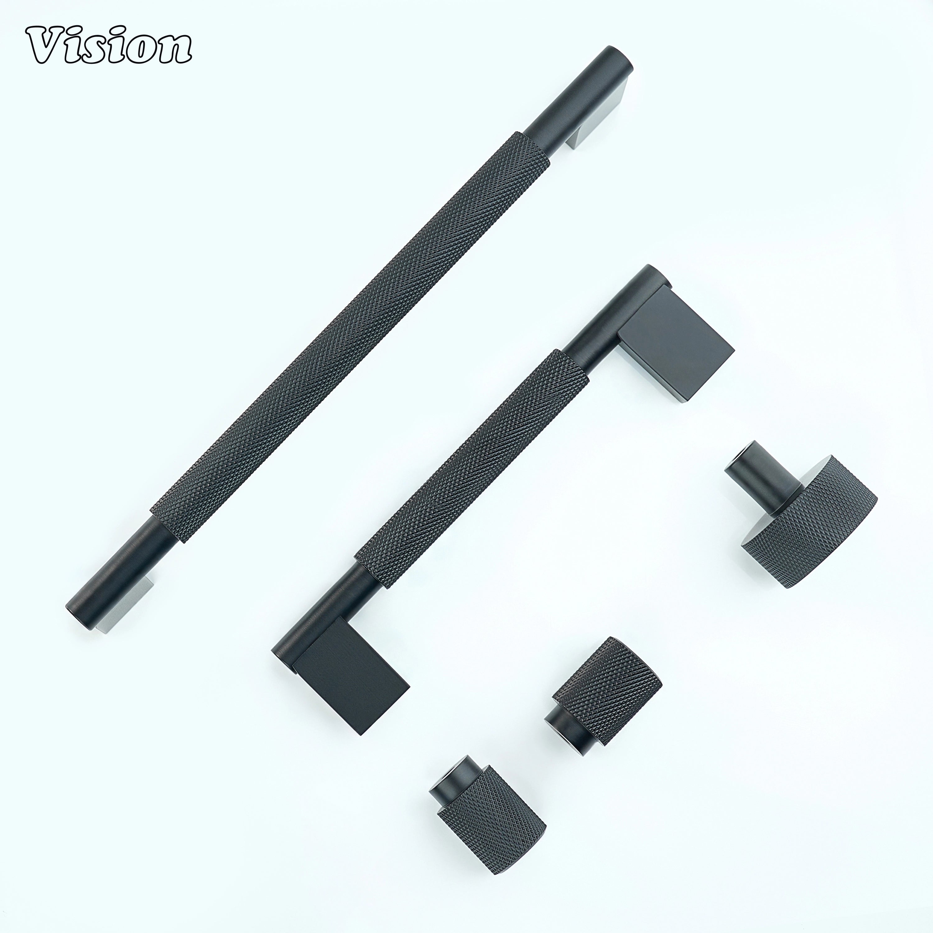 Black cabinet handle with knurled grip and square supports for wardrobes