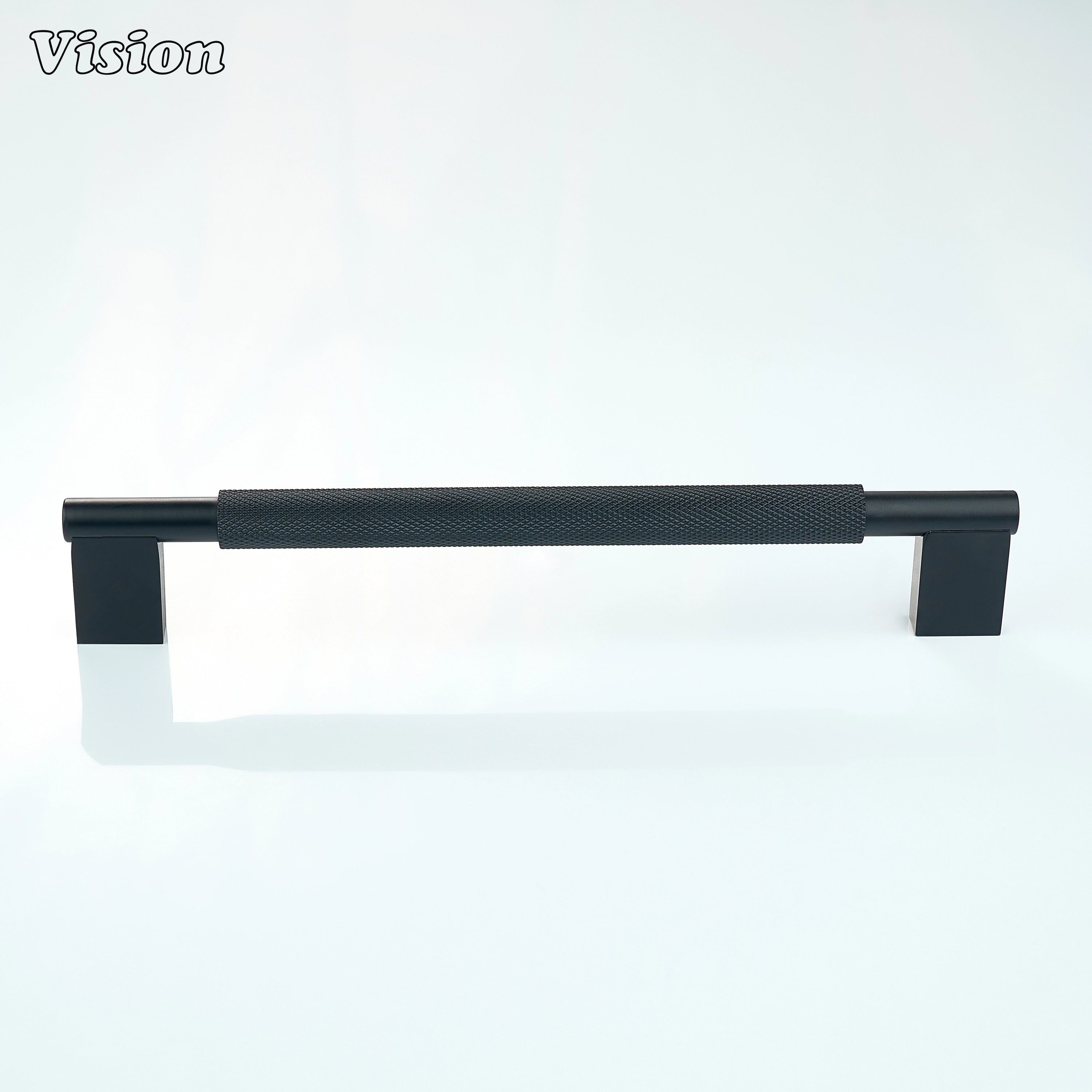 Black knurled pull handle with detailed bar for drawer fronts