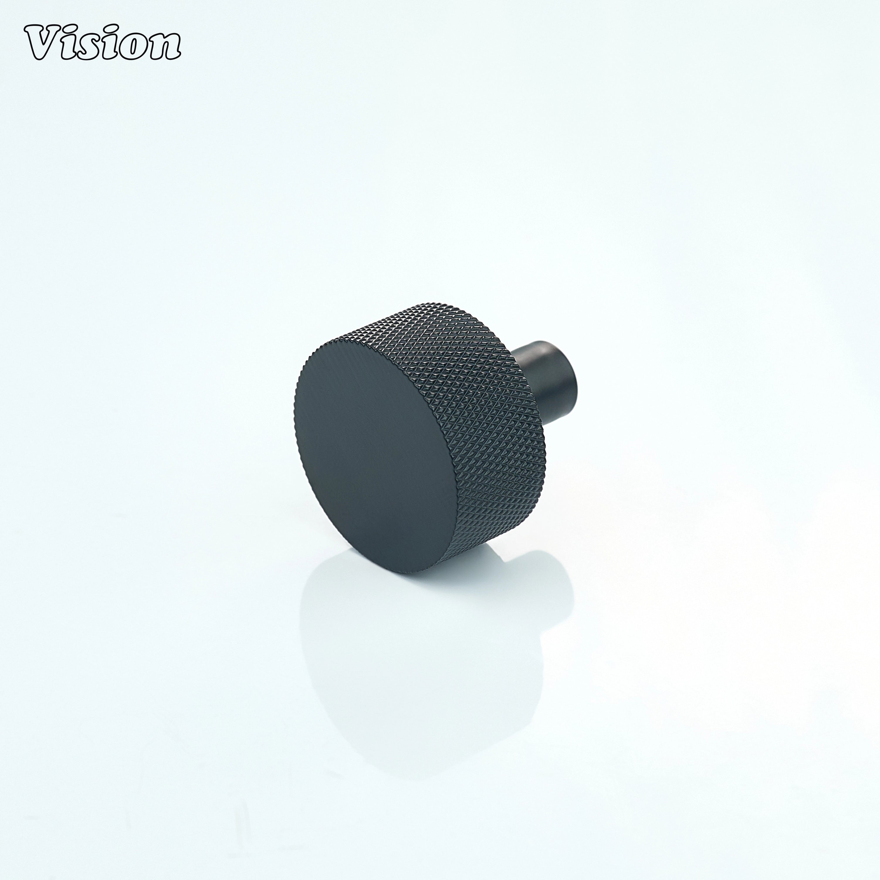 Black cabinet knob with round knurled texture for kitchen cabinets