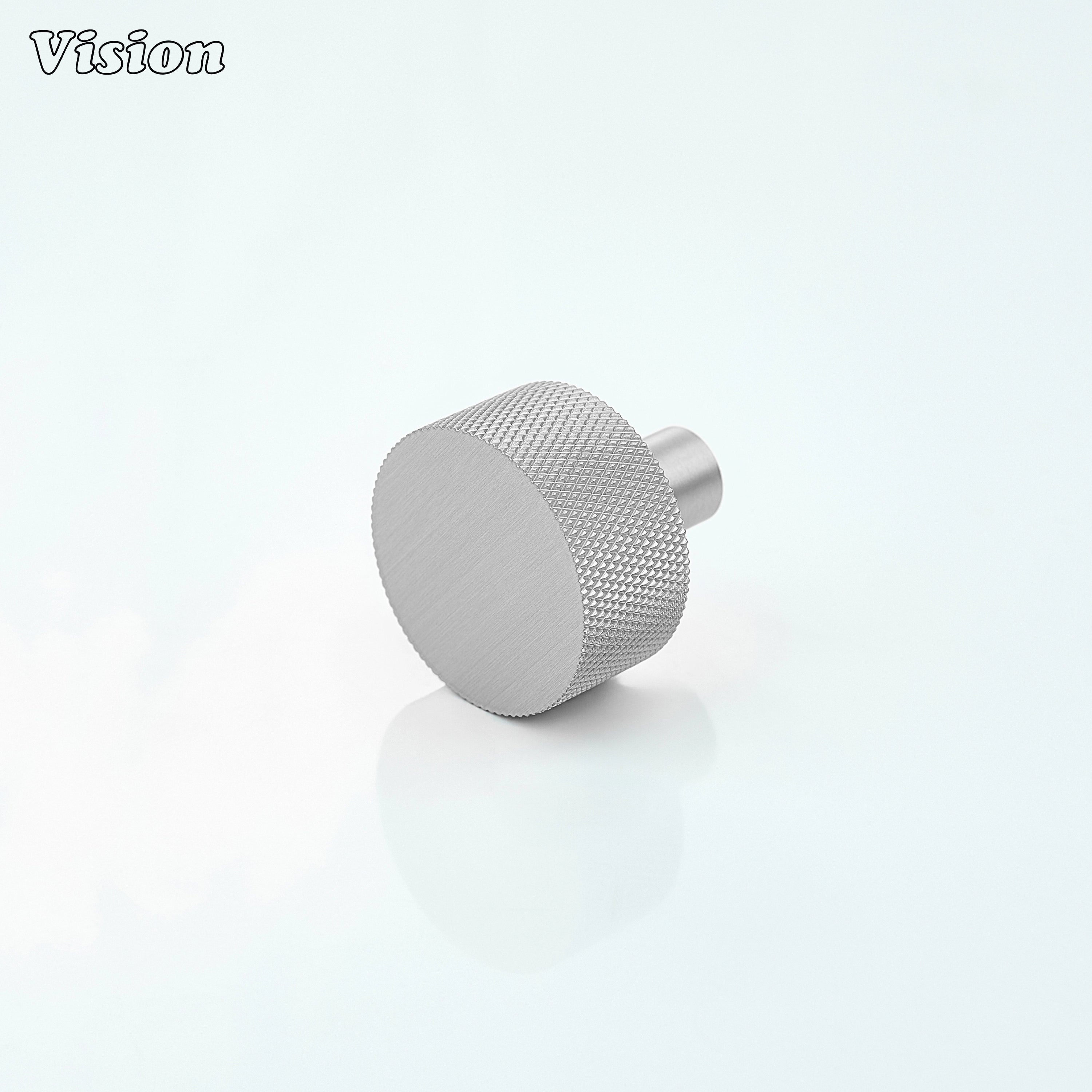 Silver cabinet knob with round knurled texture for kitchen cabinets