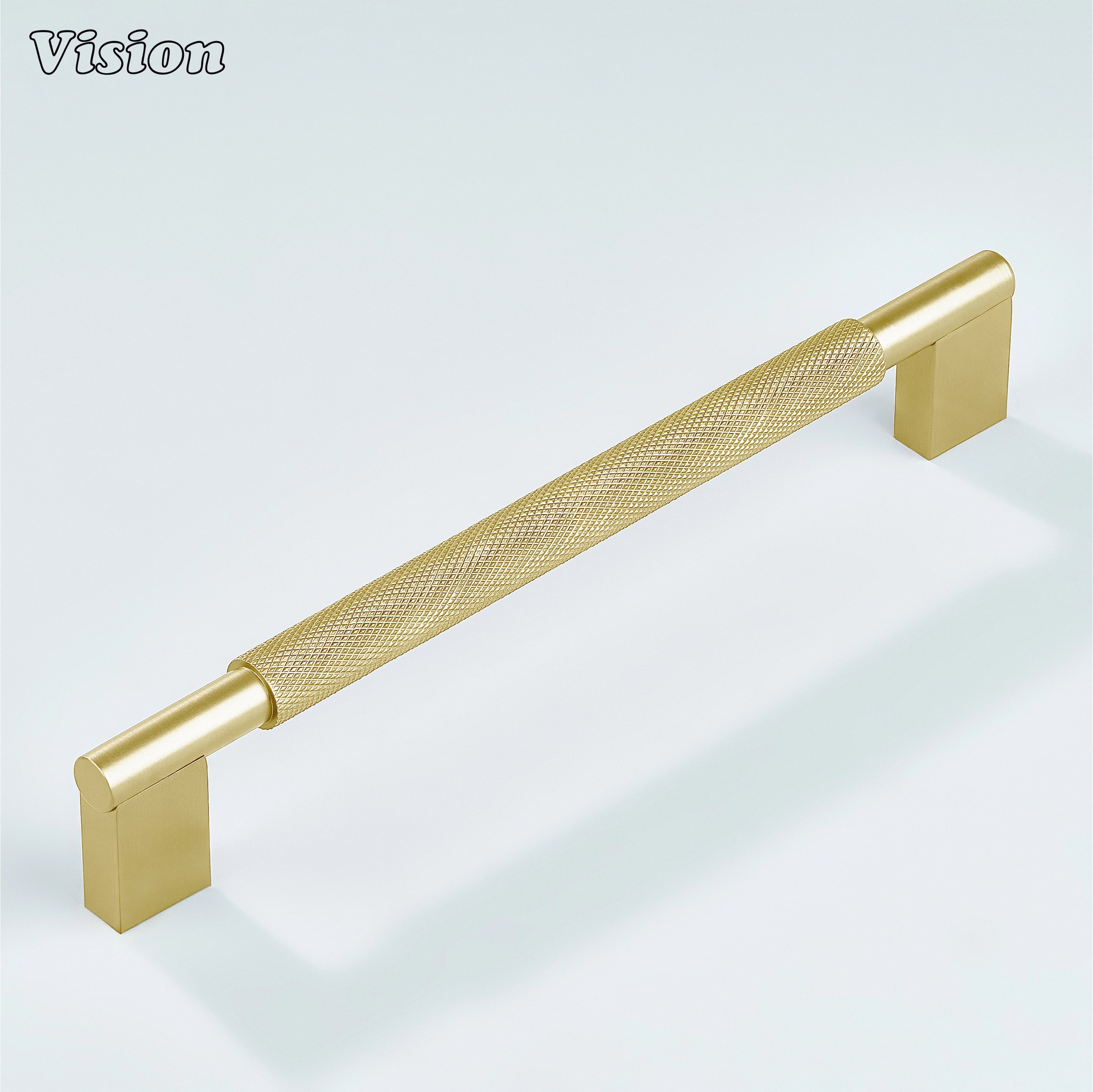 Gold knurled cabinet pull by Vision with modern square leg profile
