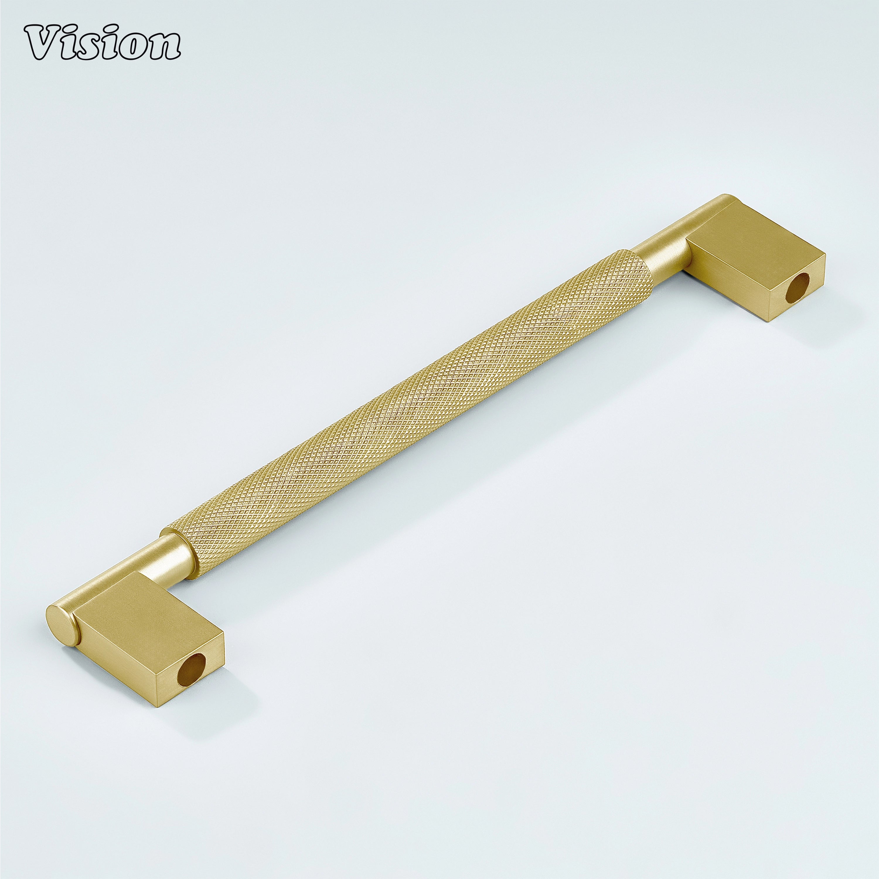 Kronos Gold finish knurled handle installed on kitchen cabinets