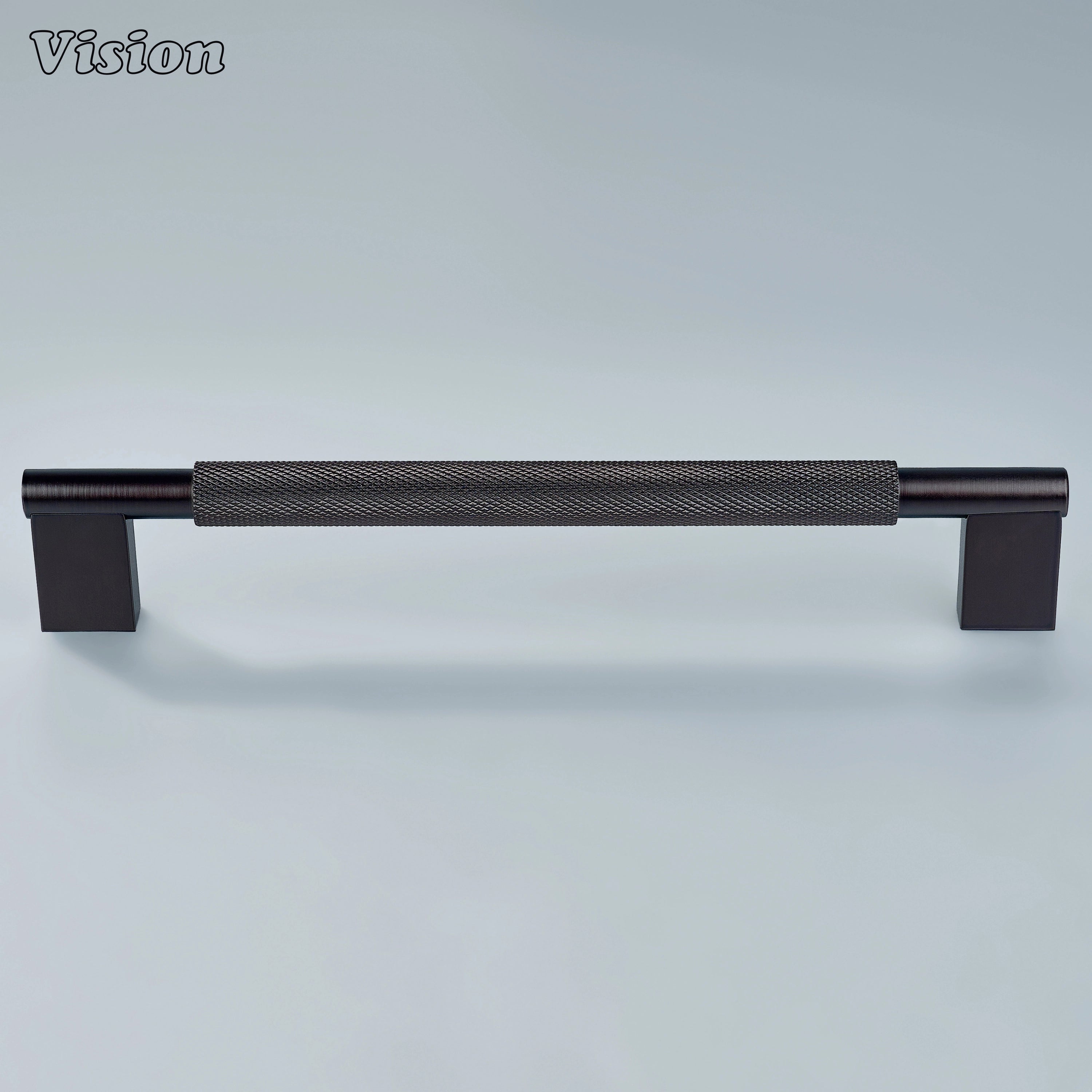 Oil Rubbed Bronze knurled cabinet pull by Vision on kitchen cabinets