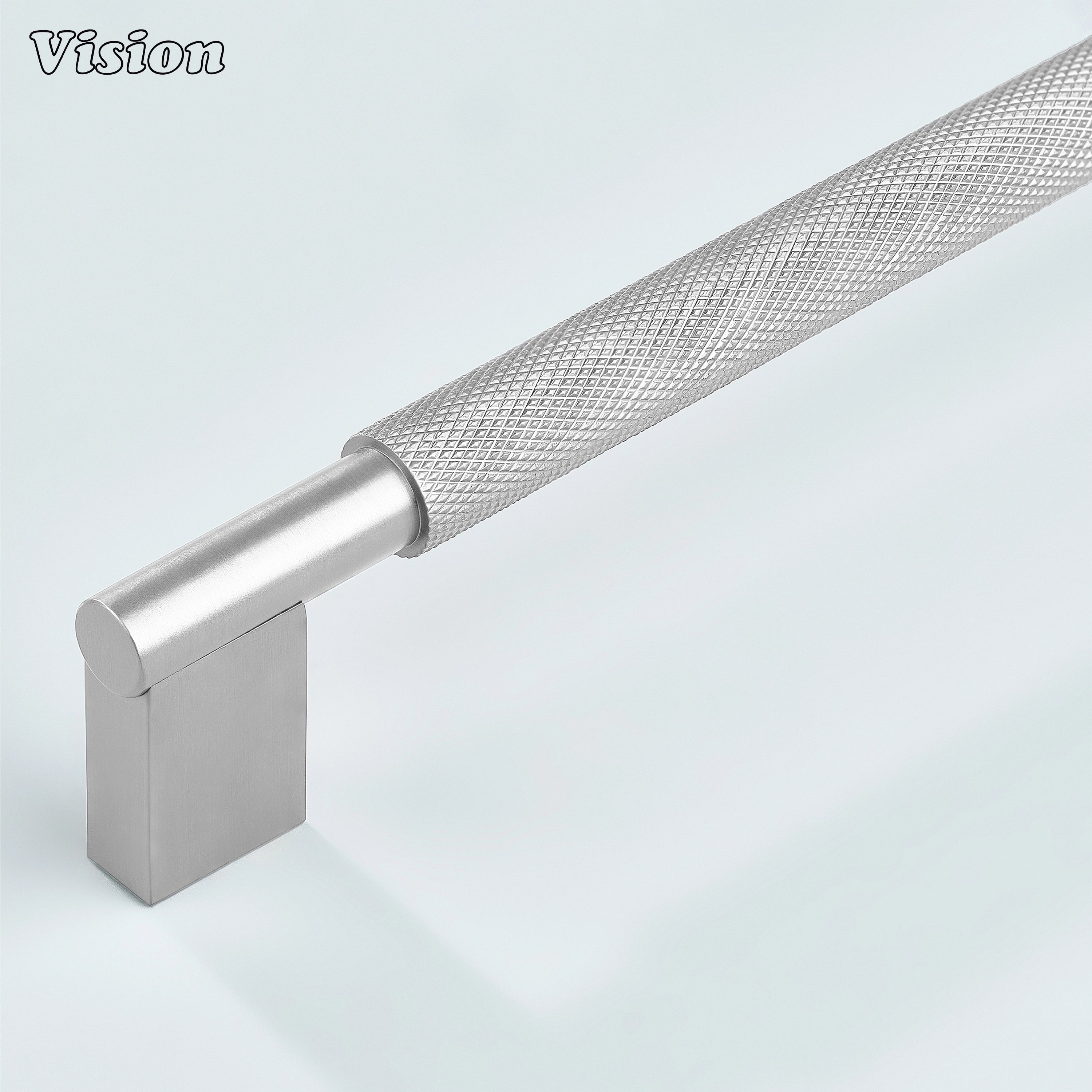 Kronos knurled cabinet handle in Silver finish on white background