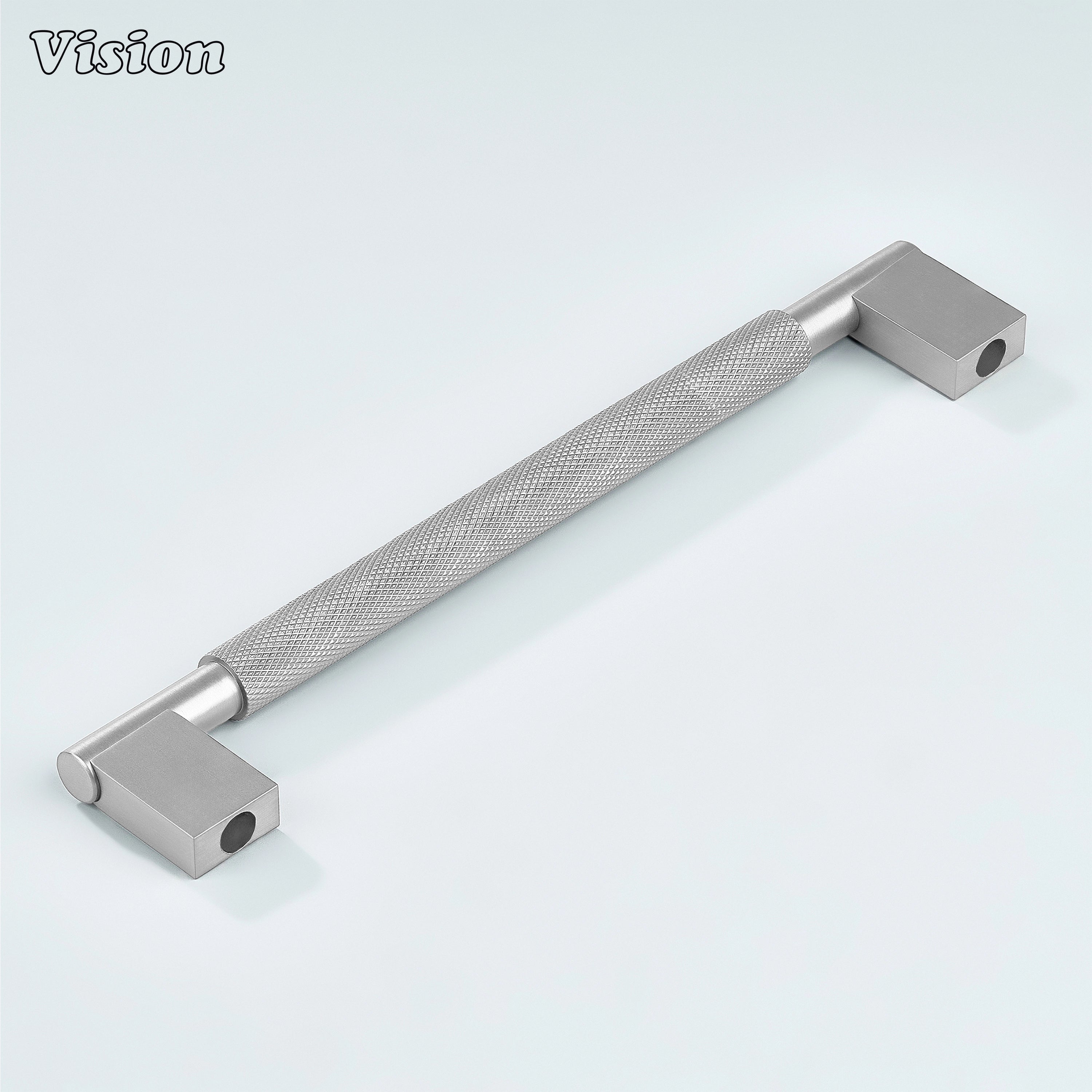 Kronos Silver finish knurled handle installed on kitchen cabinets