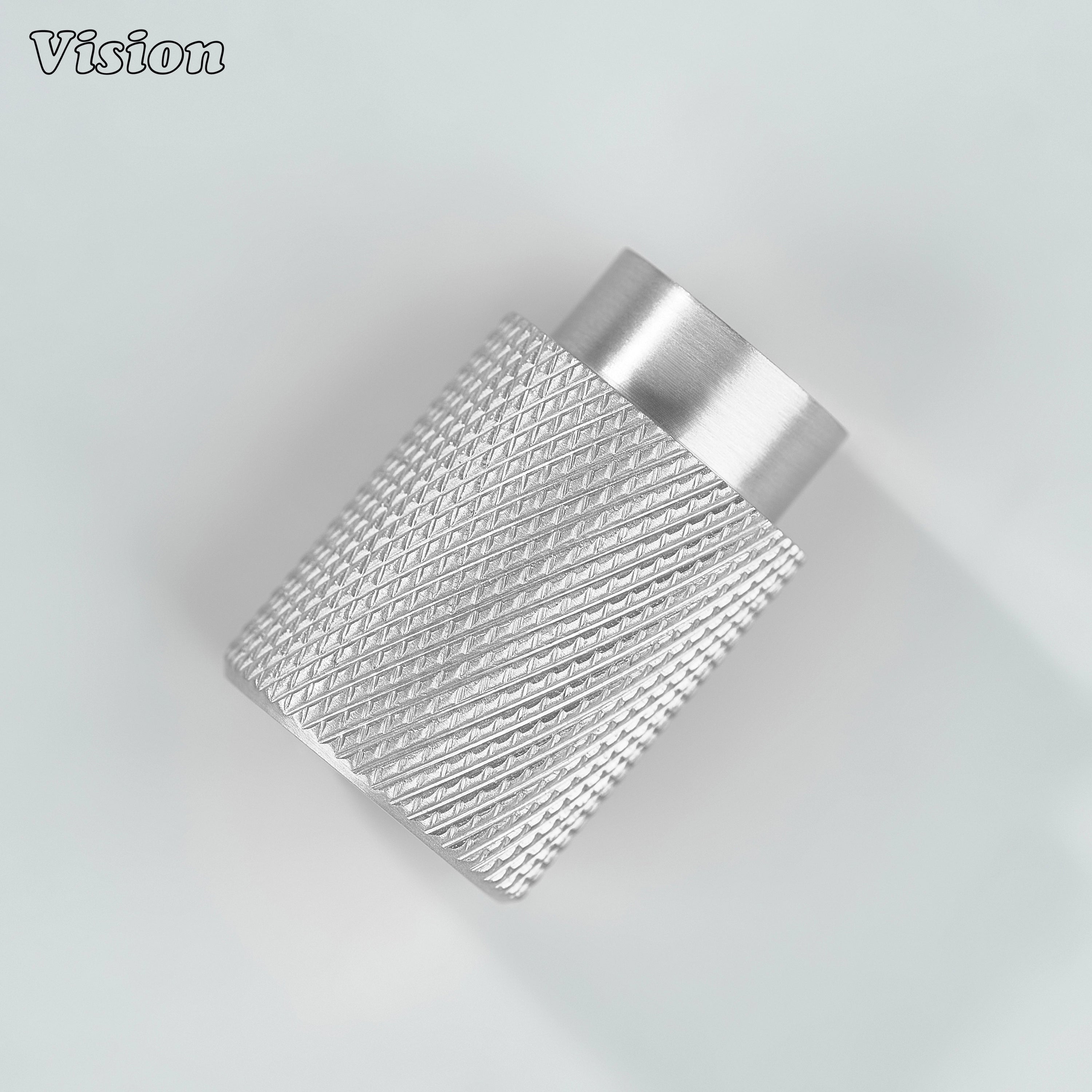 Modern silver knurled cylinder knob used for closet doors.