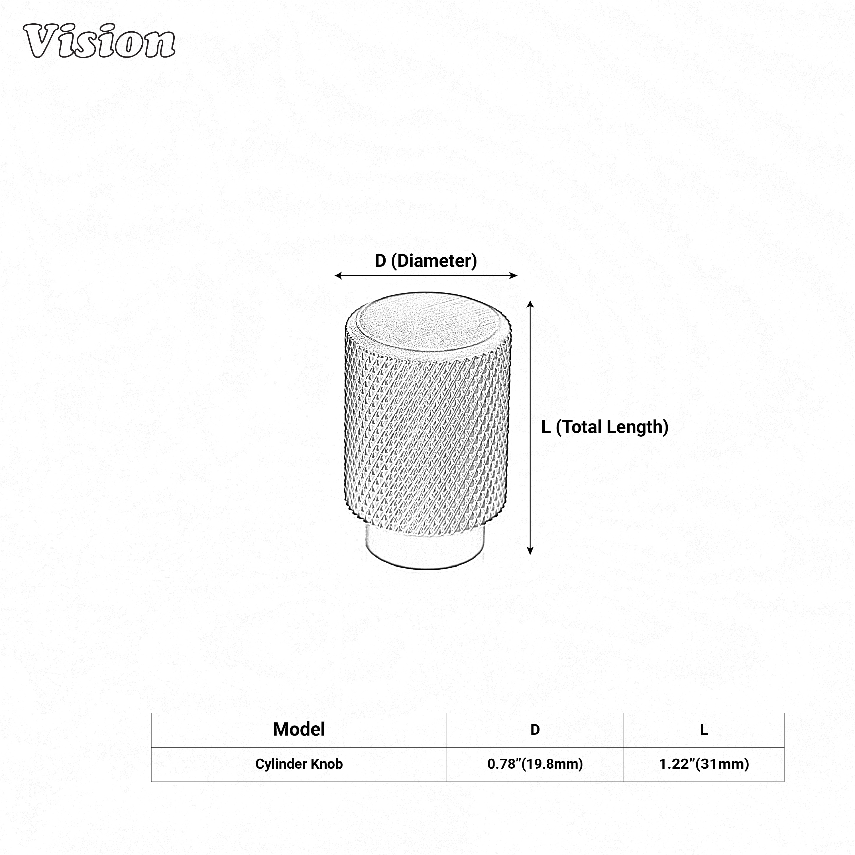 Modern silver knurled cylinder knob used for modular kitchen units.
