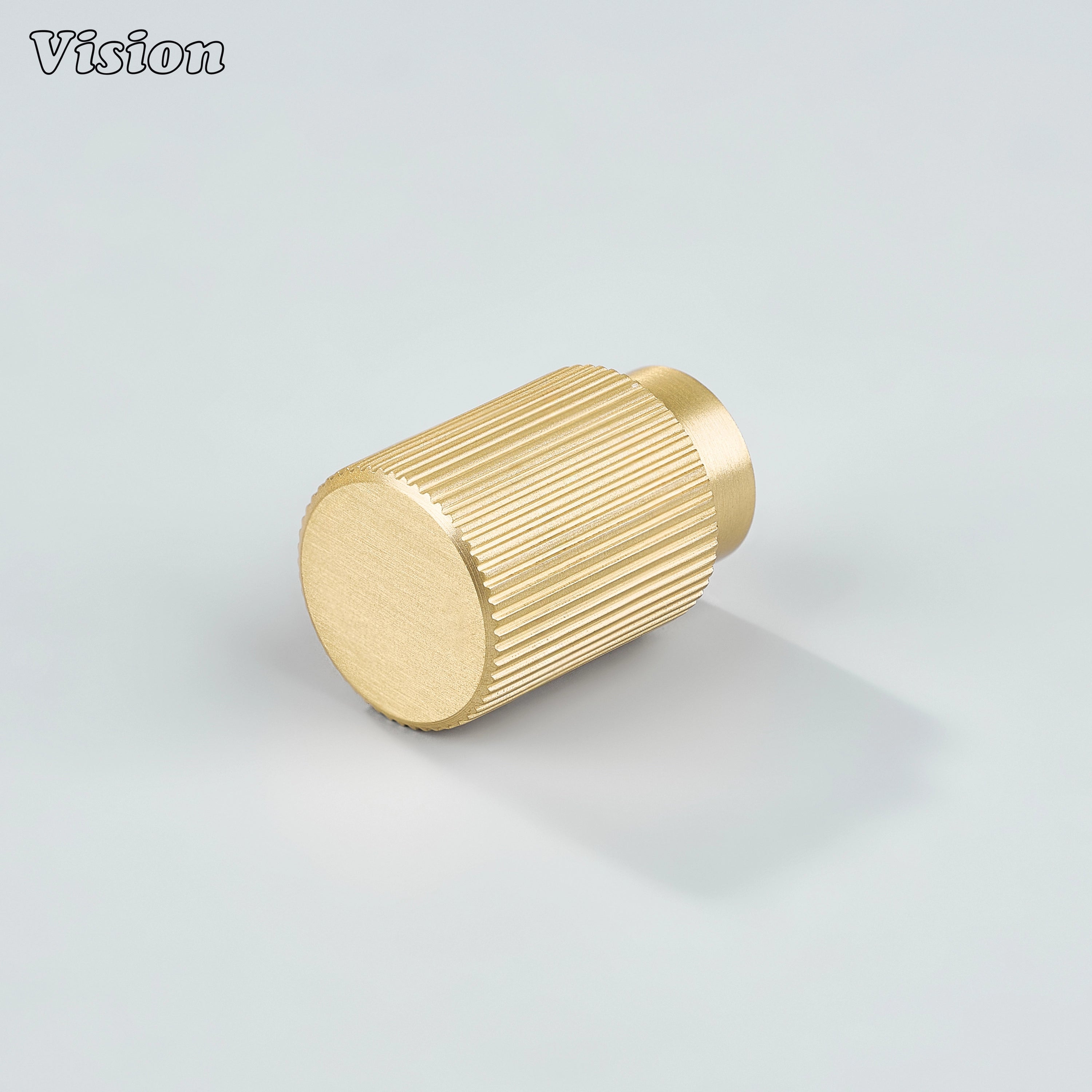 Gold brass cabinet knob with linear knurled cylinder design for modern kitchen cabinets