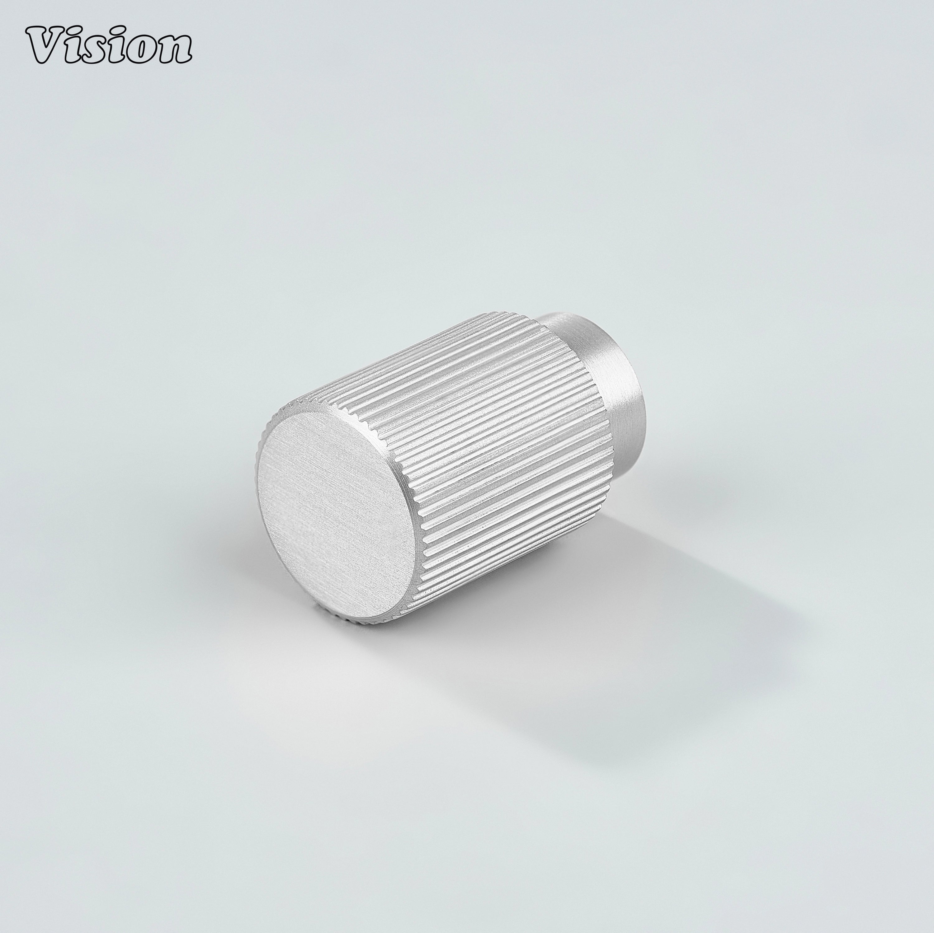Silver brass cabinet knob with linear knurled cylinder design for kitchen cabinets
