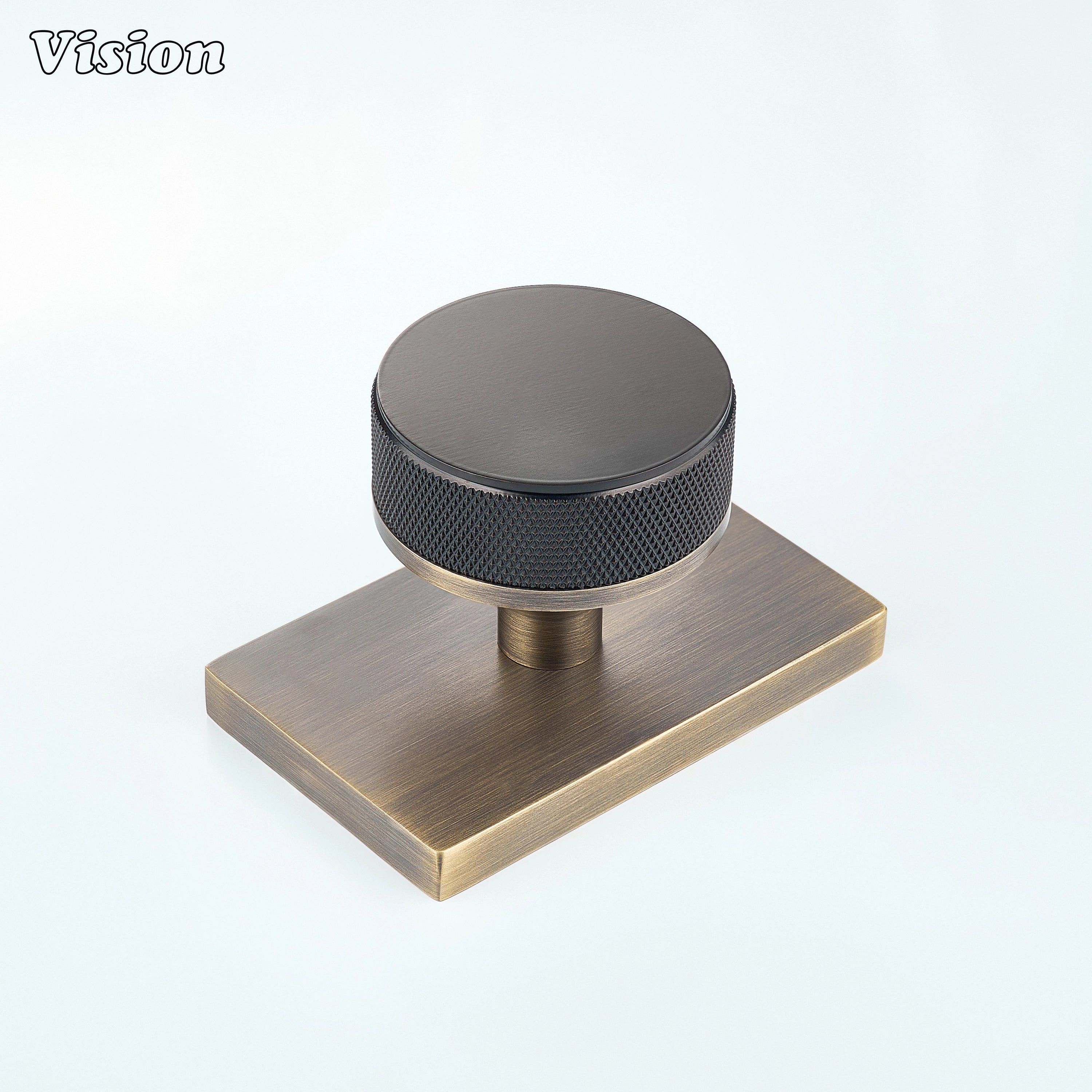 Oil Rubbed Bronze and Antique Bronze knurled round door knob with bronze knob and antique bronze backplate
