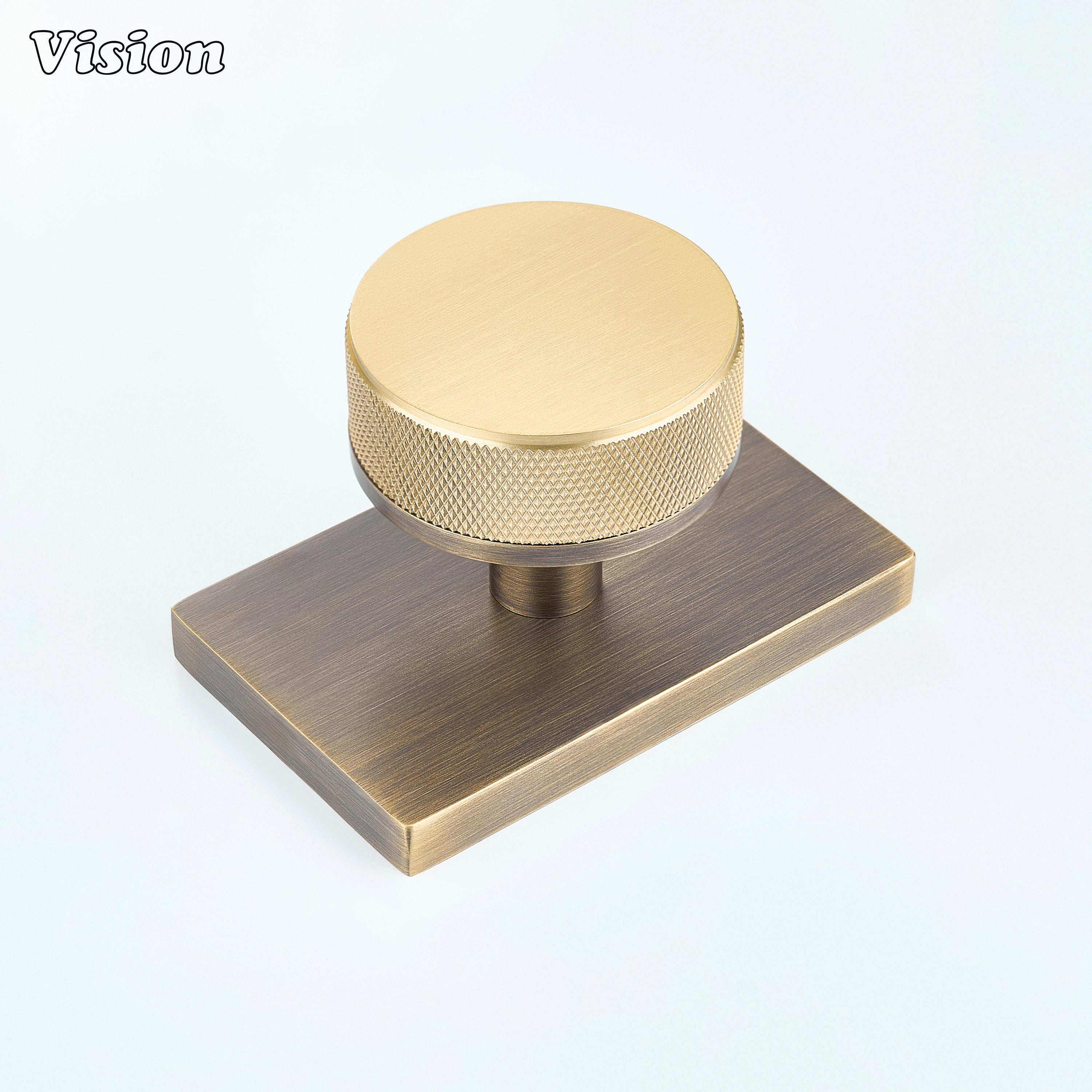 Gold and Antique Bronze knurled round door knob with gold knob and antique bronze backplate for interior doors