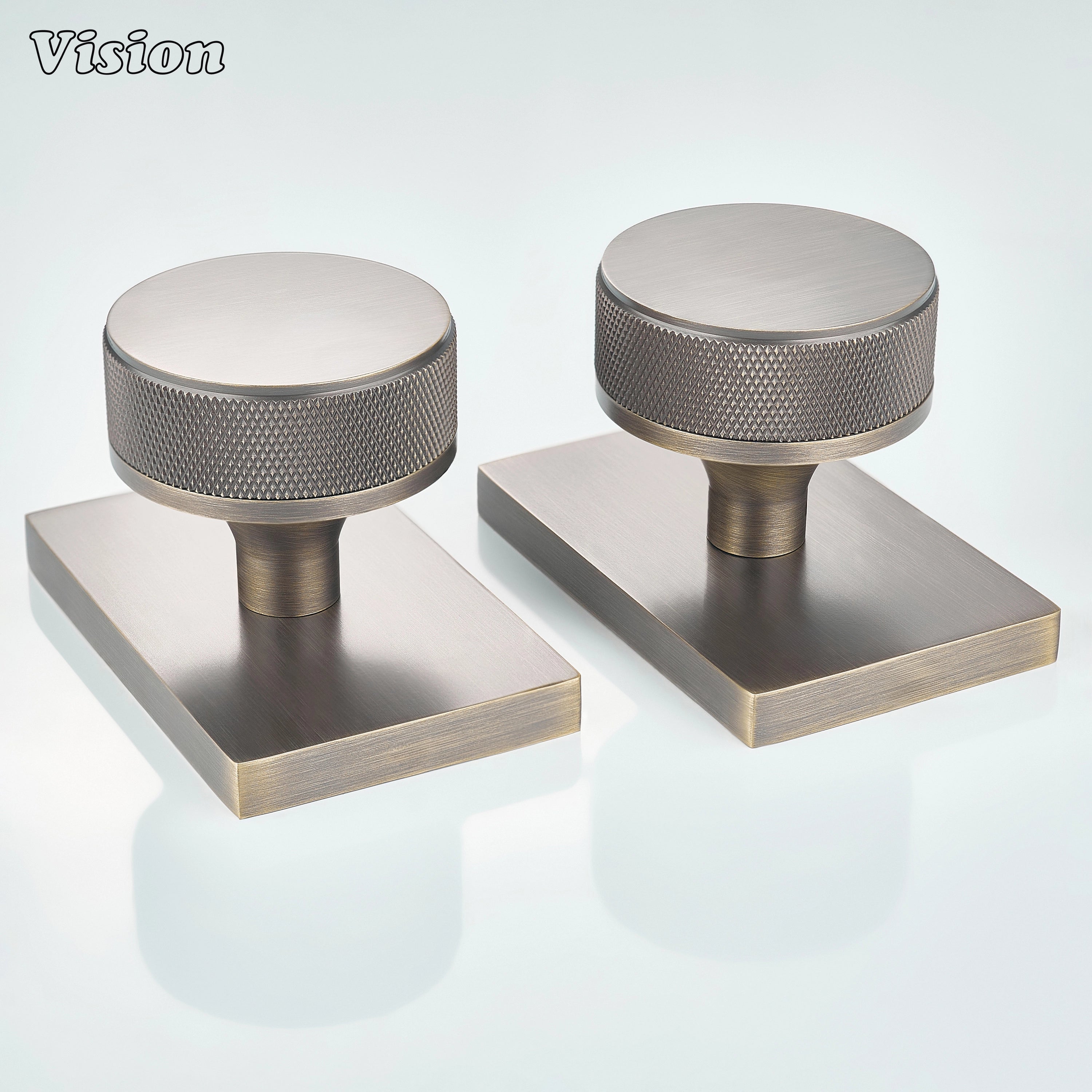 Antique Bronze round knurled door knob with square plate for industrial door spaces