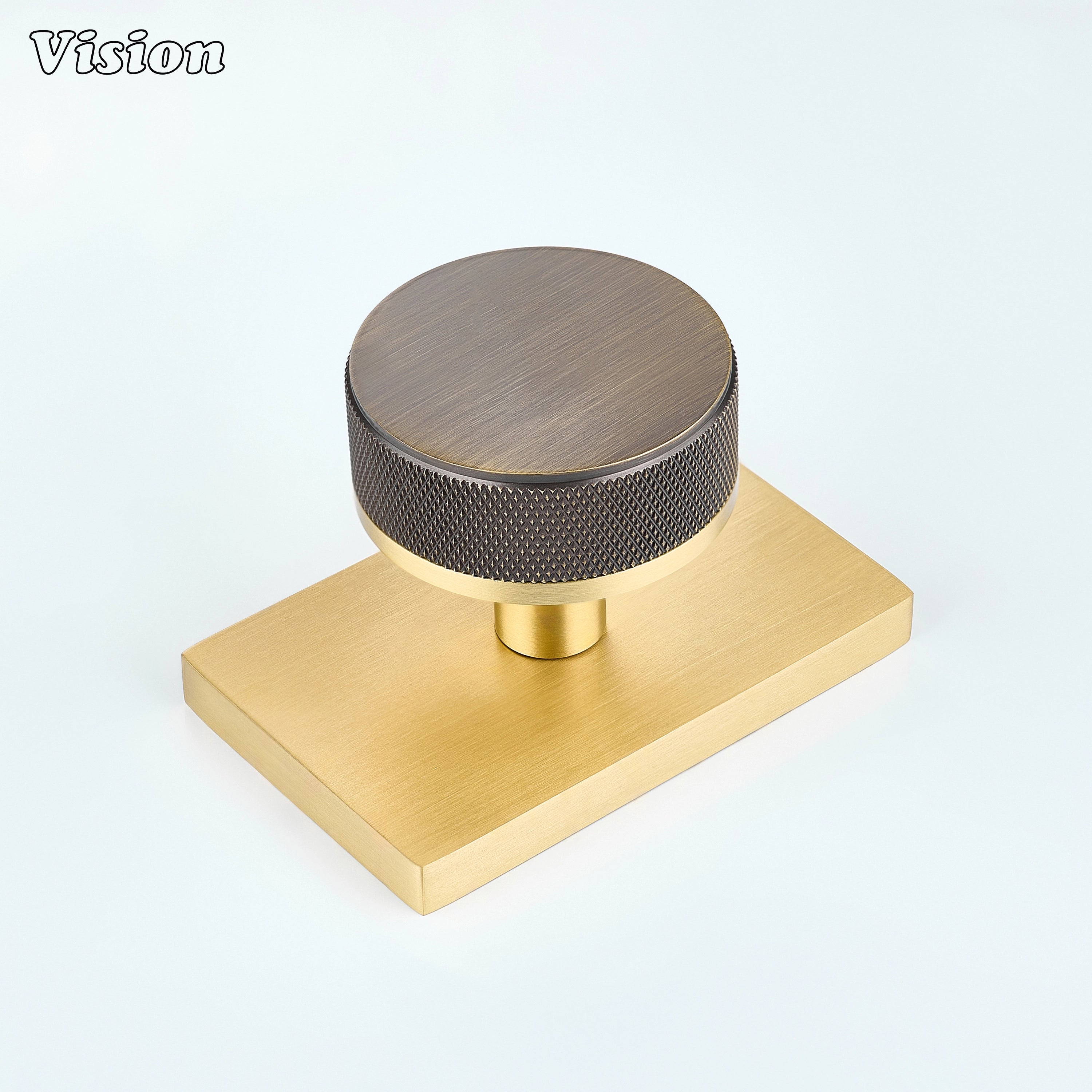 Antique Bronze and Gold knurled round door knob with bronze knob and gold rectangular backplate