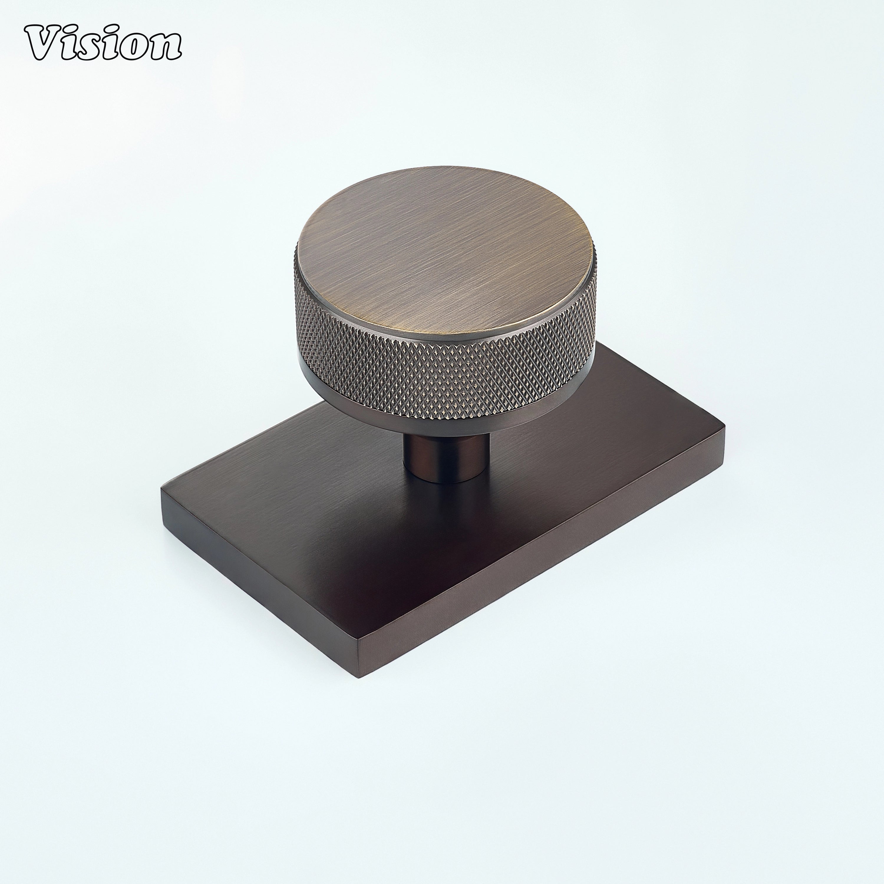 Antique Bronze and Oil Rubbed Bronze knurled round door knob with bronze knob and dark backplate