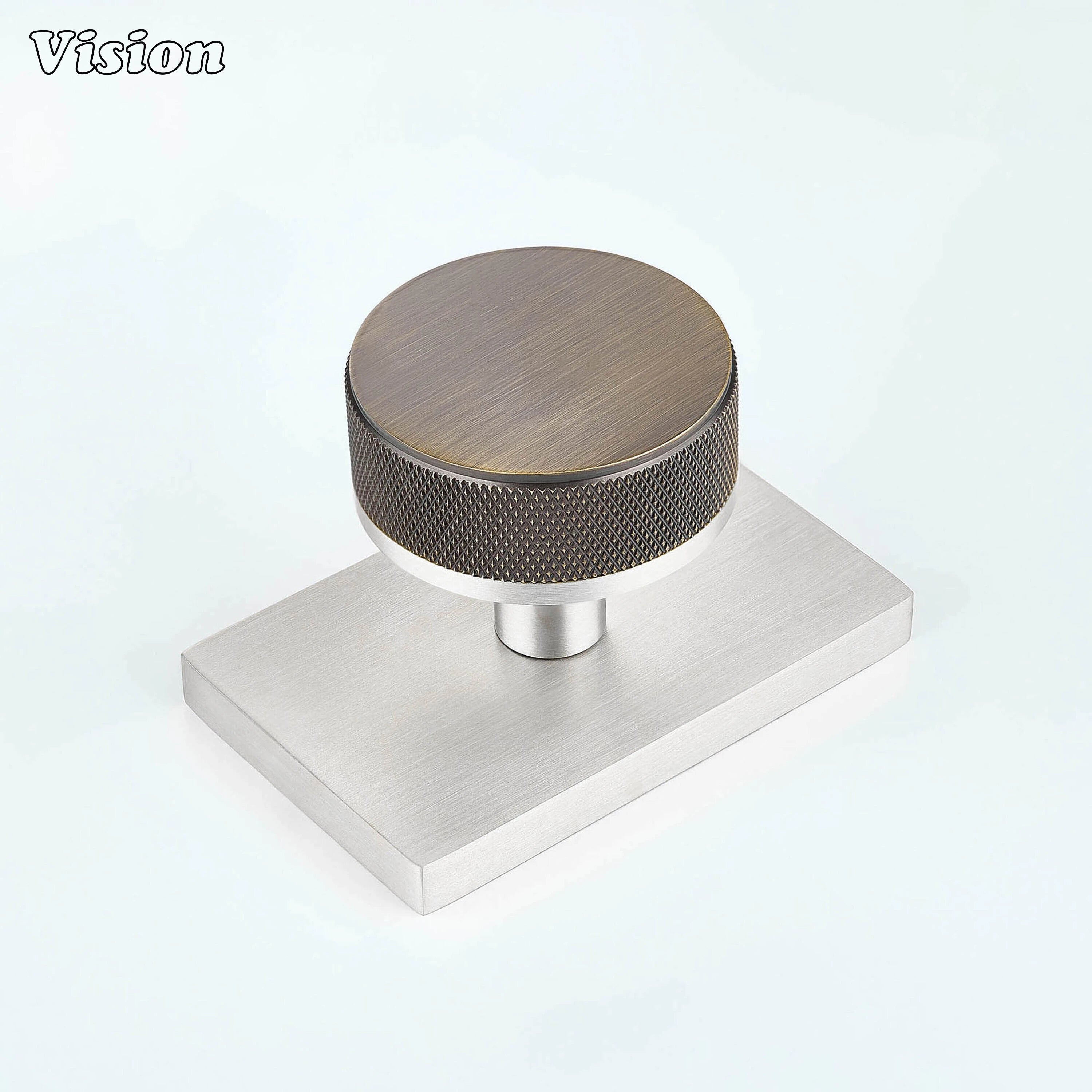 Antique Bronze and Silver knurled round door knob with bronze knob and silver rectangular backplate
