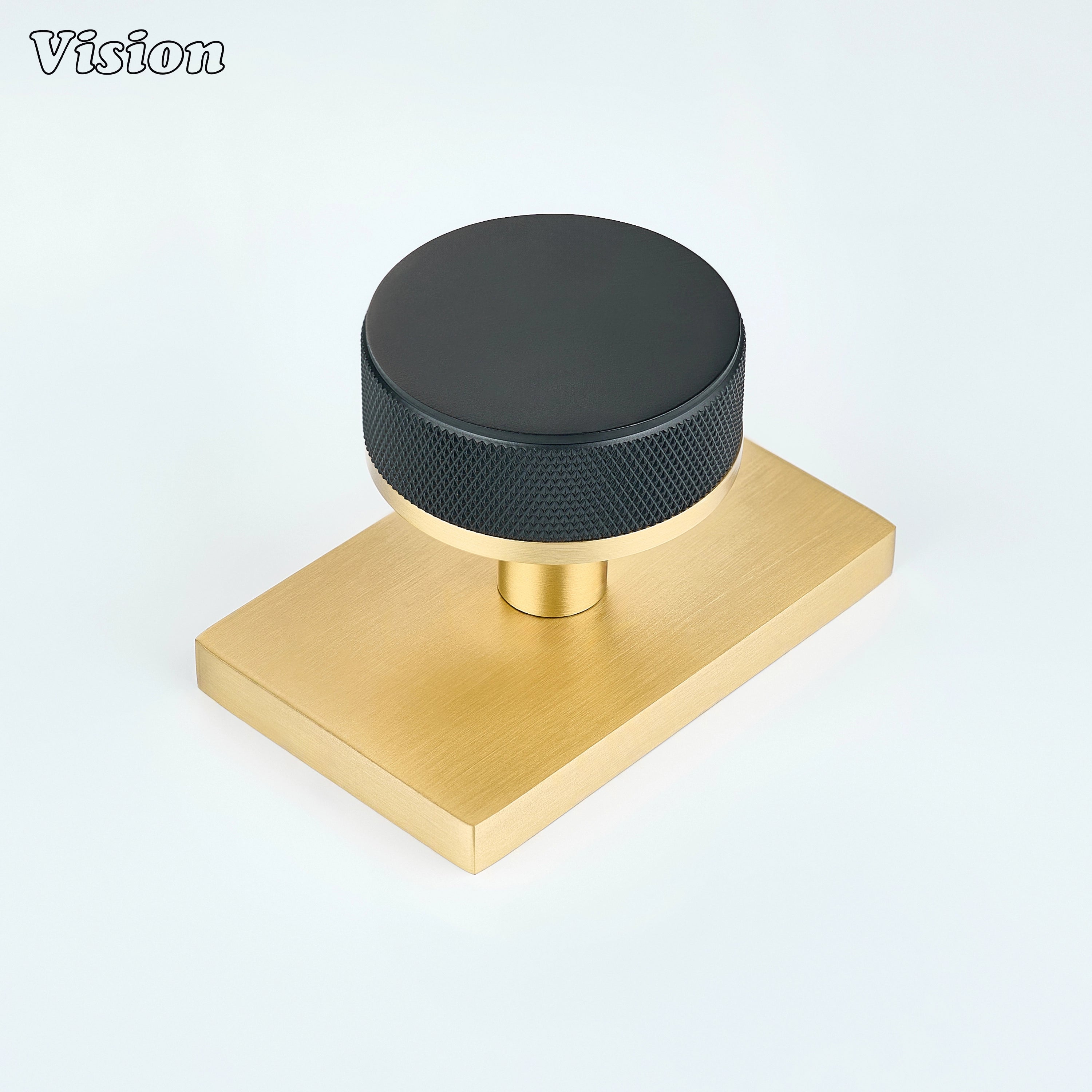 Black and Gold knurled round door knob with black knob and gold rectangular backplate