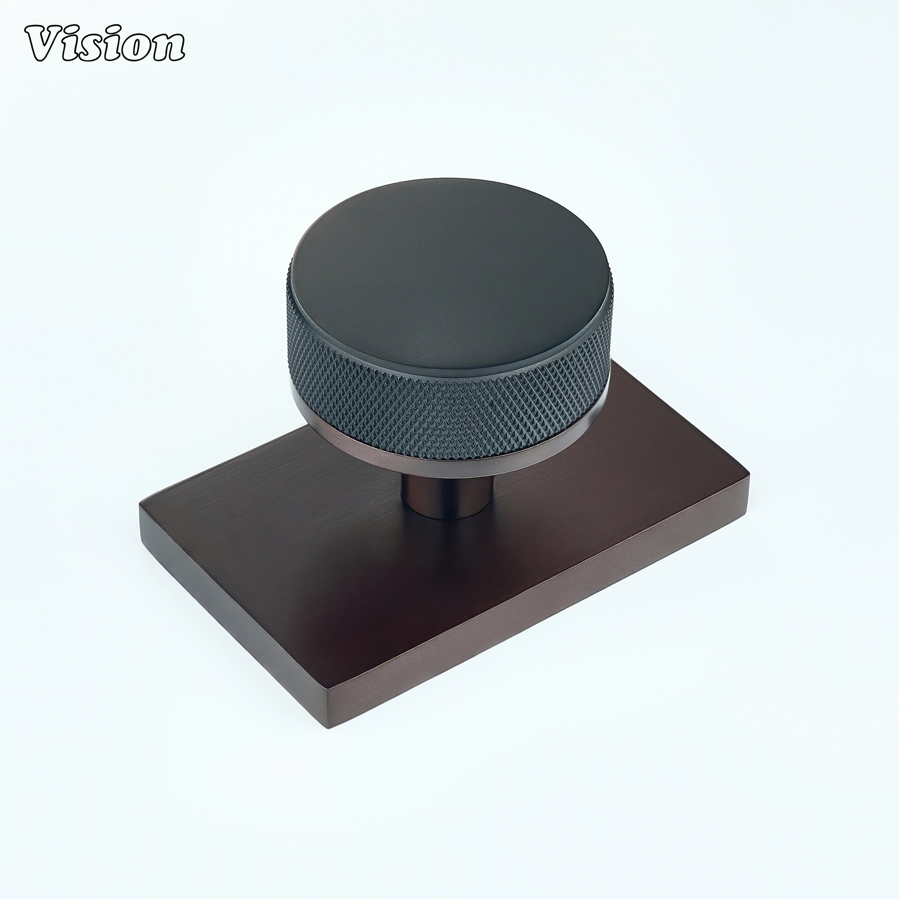 Black and Oil Rubbed Bronze knurled round door knob with black knob and oil rubbed bronze plate