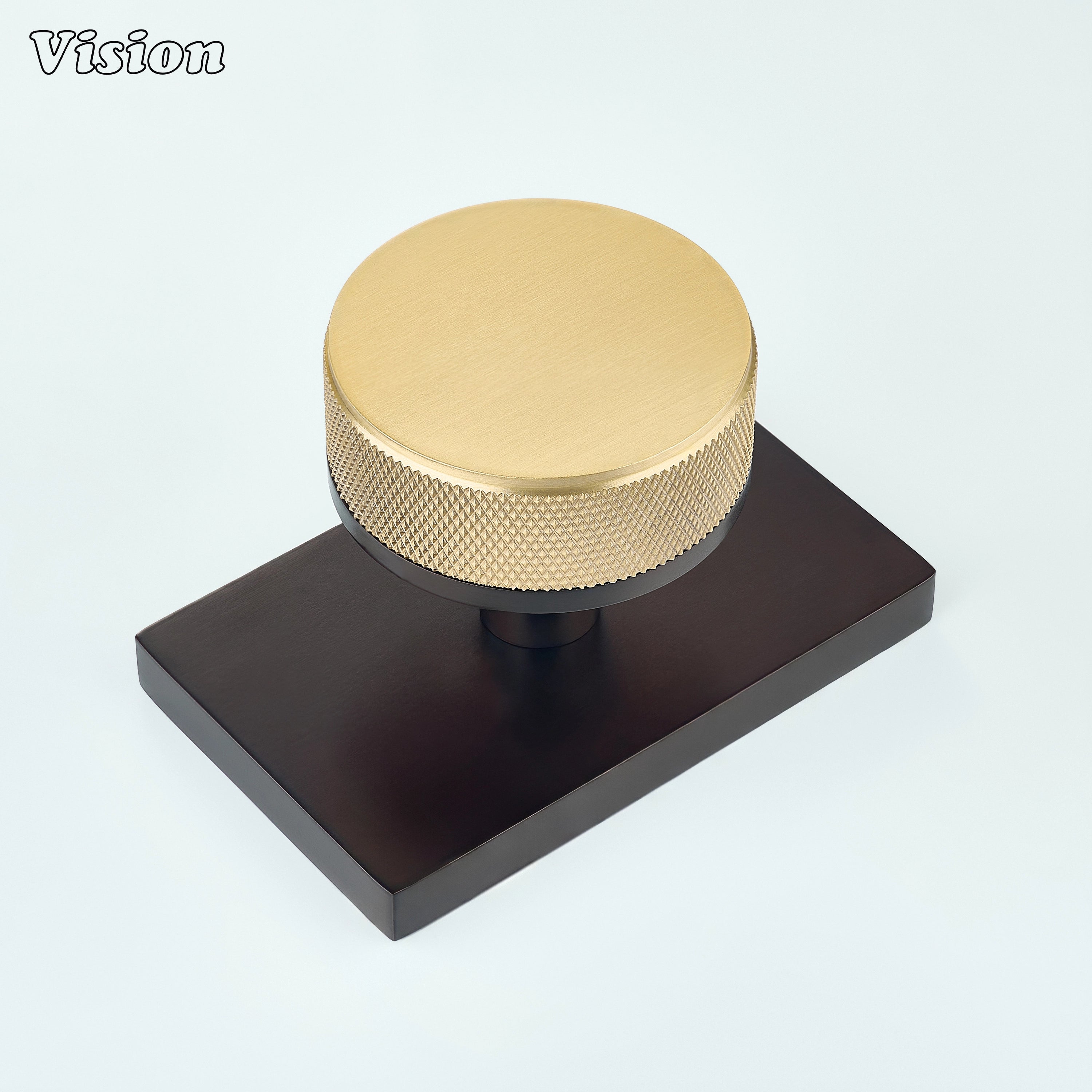 Gold and Oil Rubbed Bronze knurled round door knob with gold knob and oil rubbed bronze plate