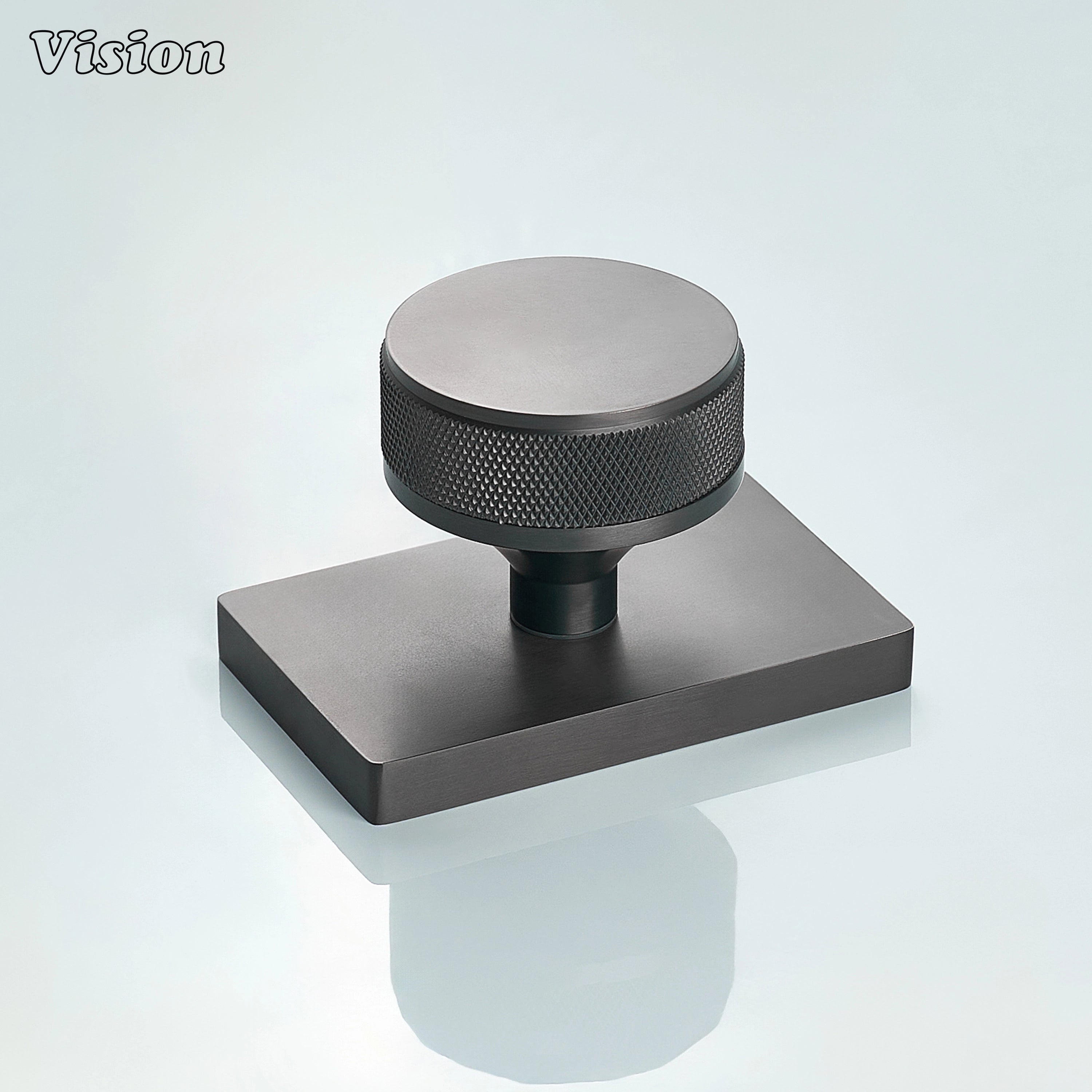 Gunmetal knurled round door knob with rectangular backplate for modern doors