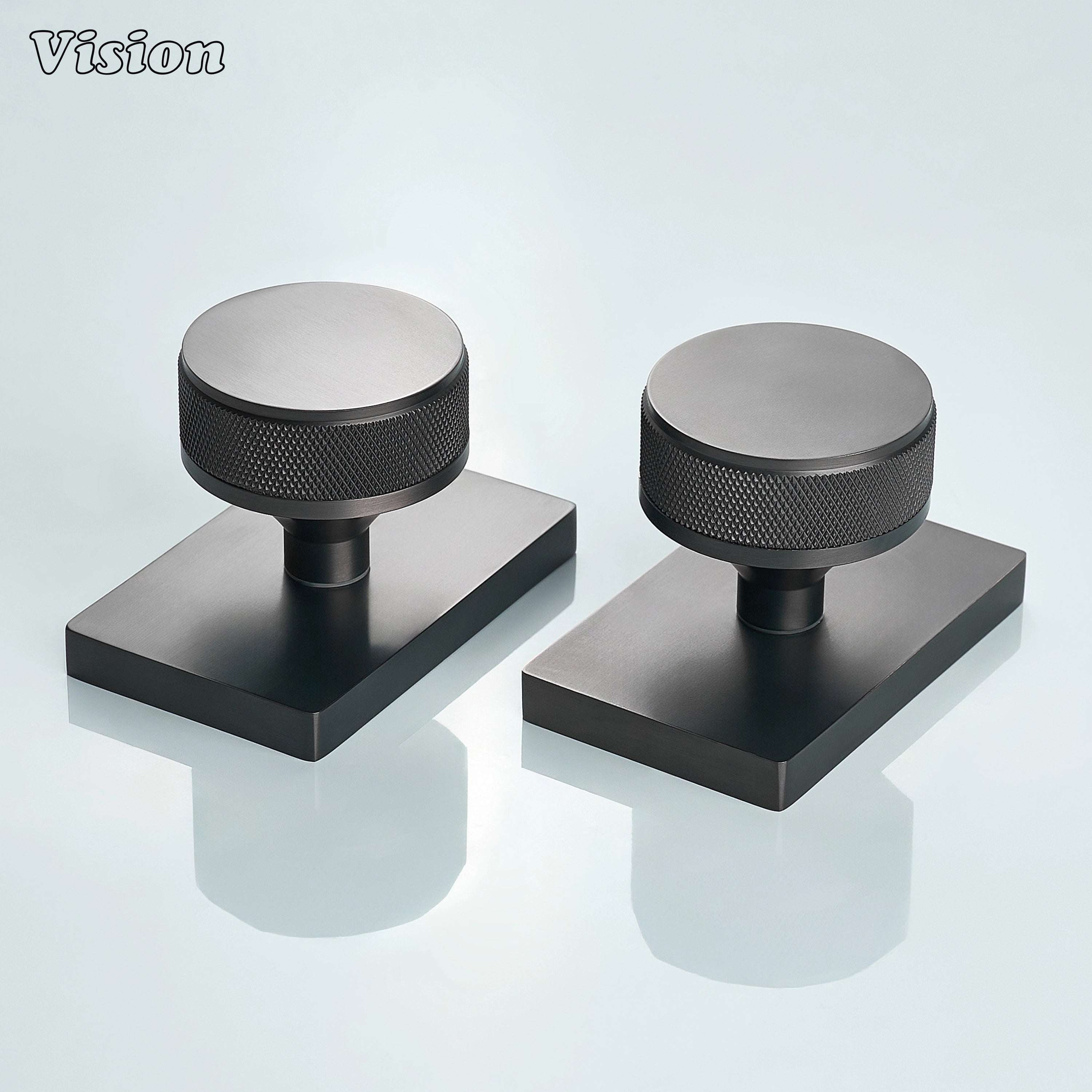 Gunmetal round knurled door knob with square base for industrial interiors