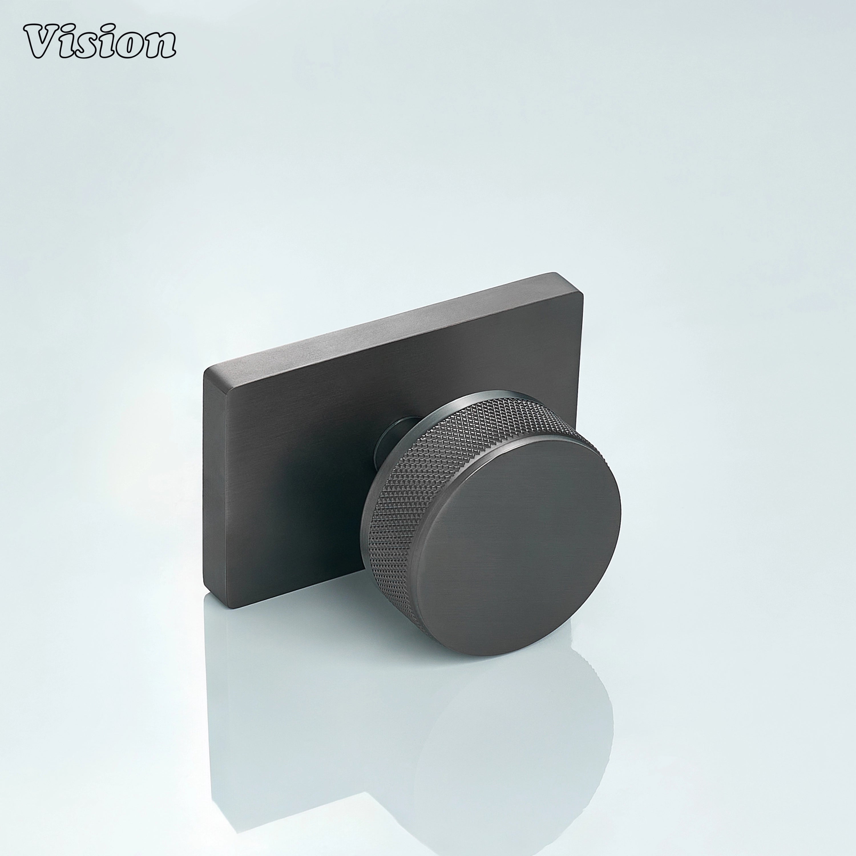 Gunmetal knurled door knob with square backplate for residential interiors