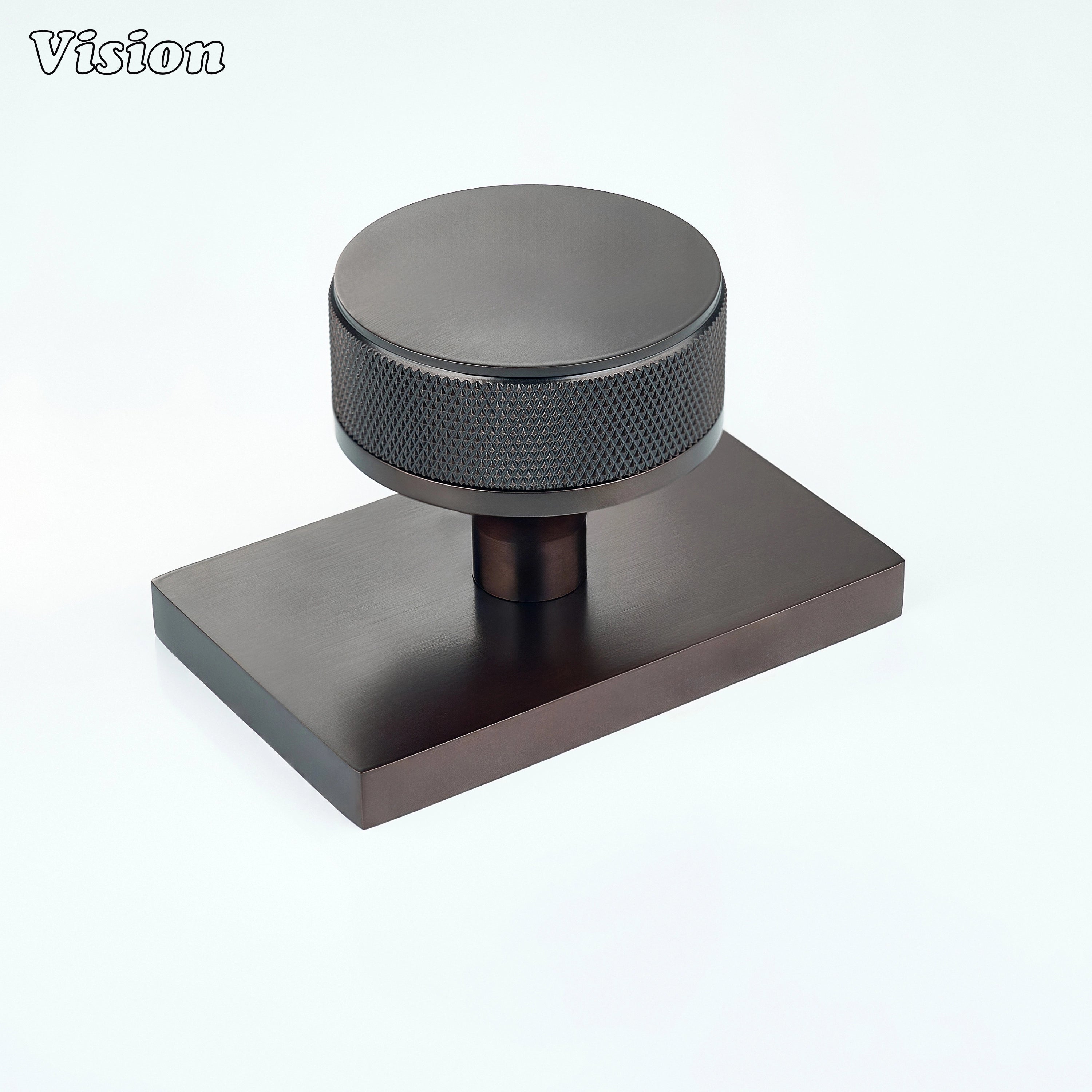Oil Rubbed Bronze knurled round door knob with rectangular backplate