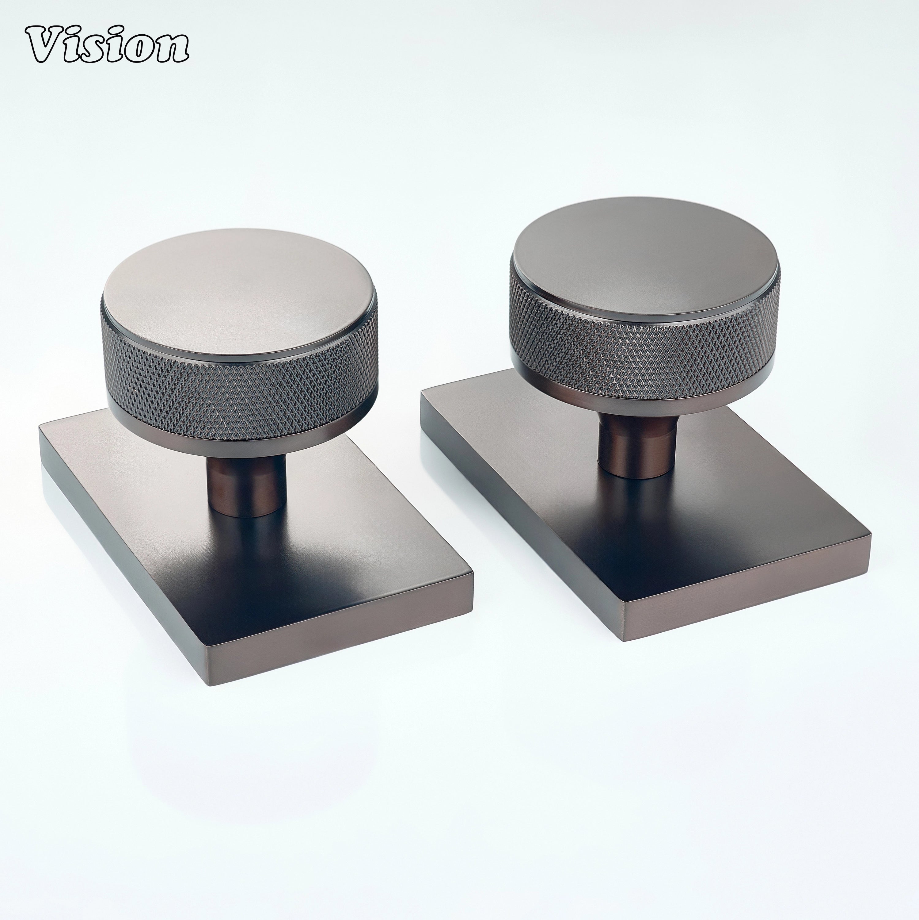 Oil Rubbed Bronze knurled door knob and square base for modern interiors