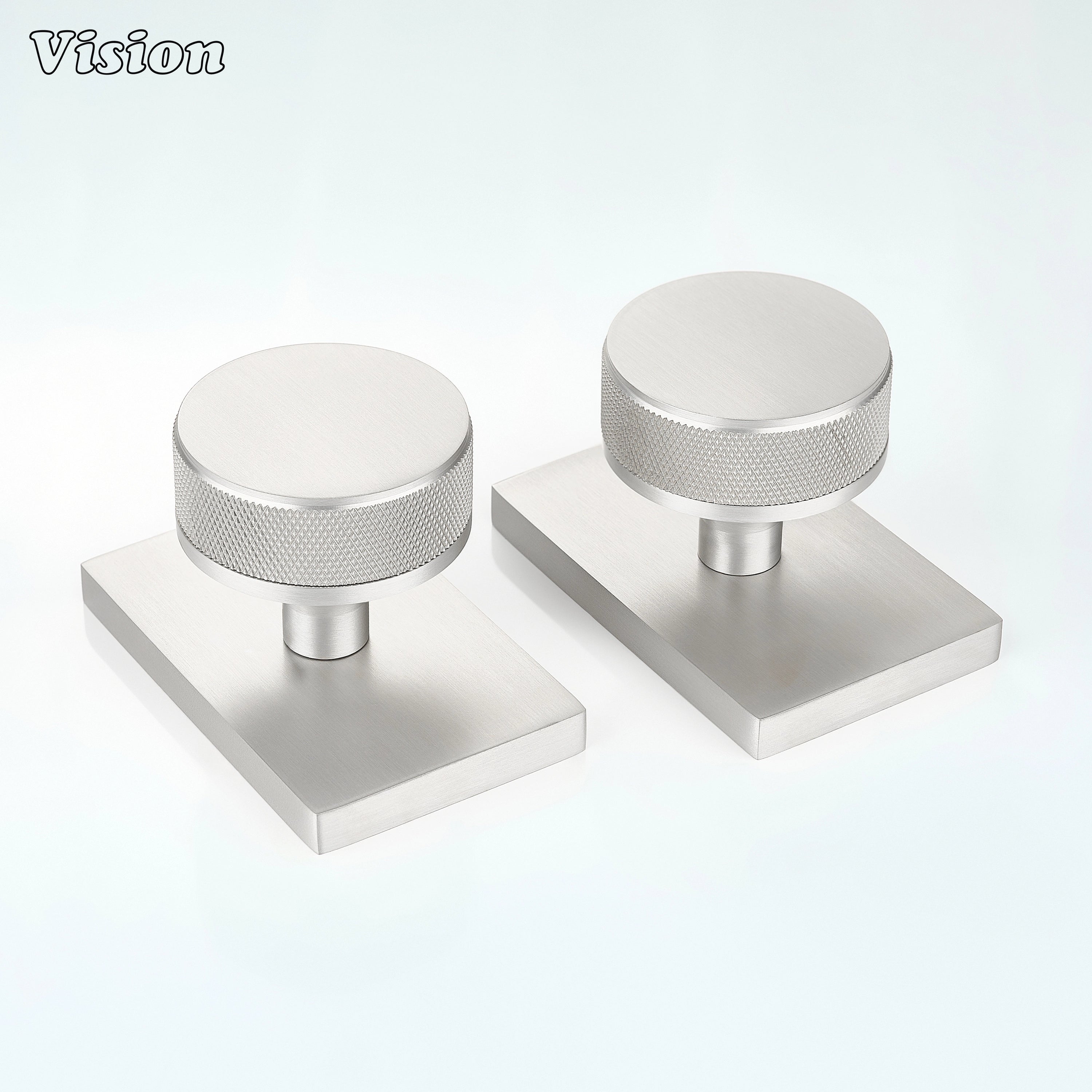 Silver round knurled door knob with square plate for minimalist spaces