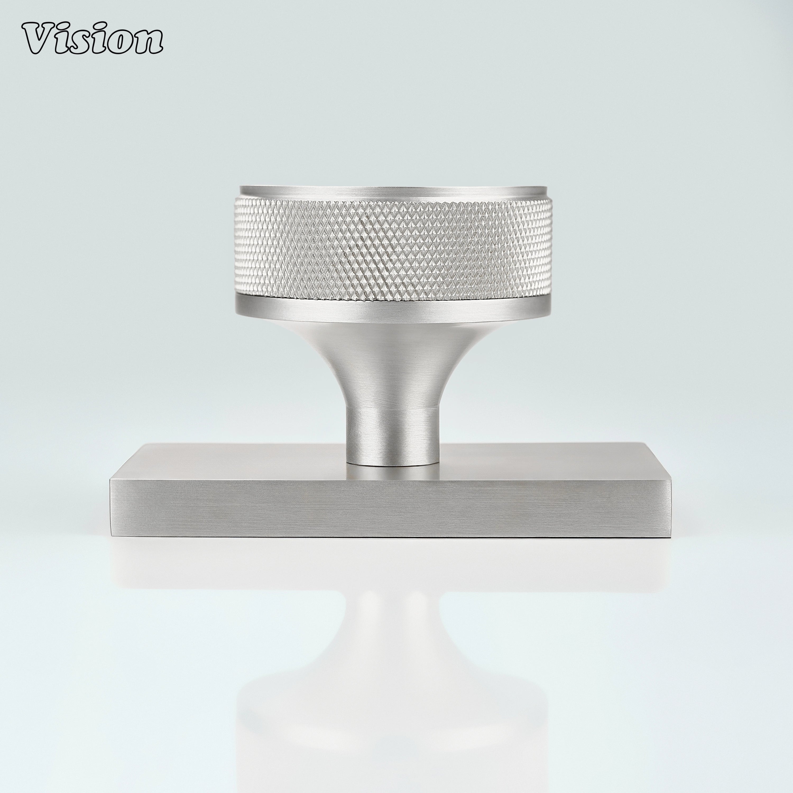 Silver knurled door knob with rectangular base for door hardware