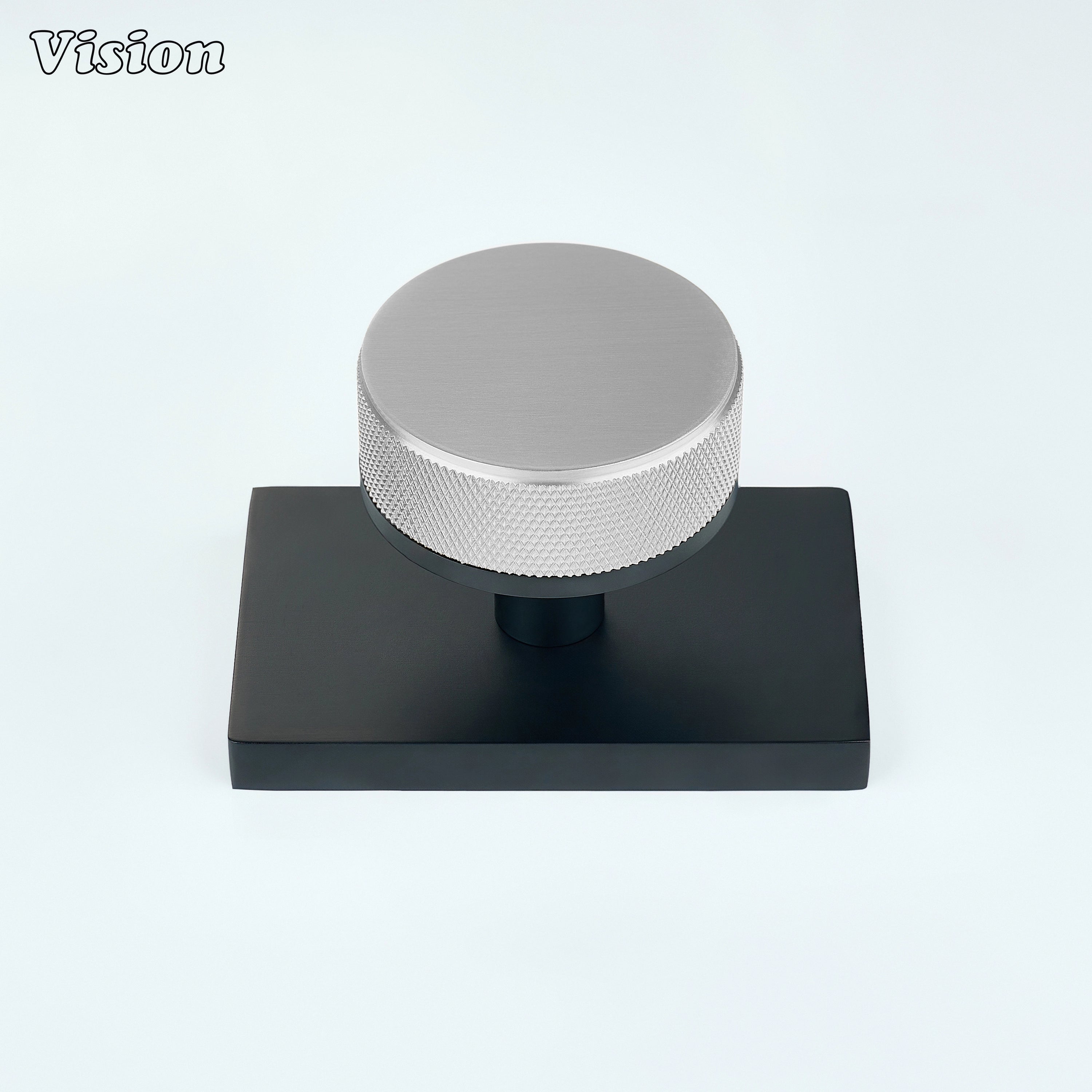 Silver and Black knurled round door knob for industrial spaces