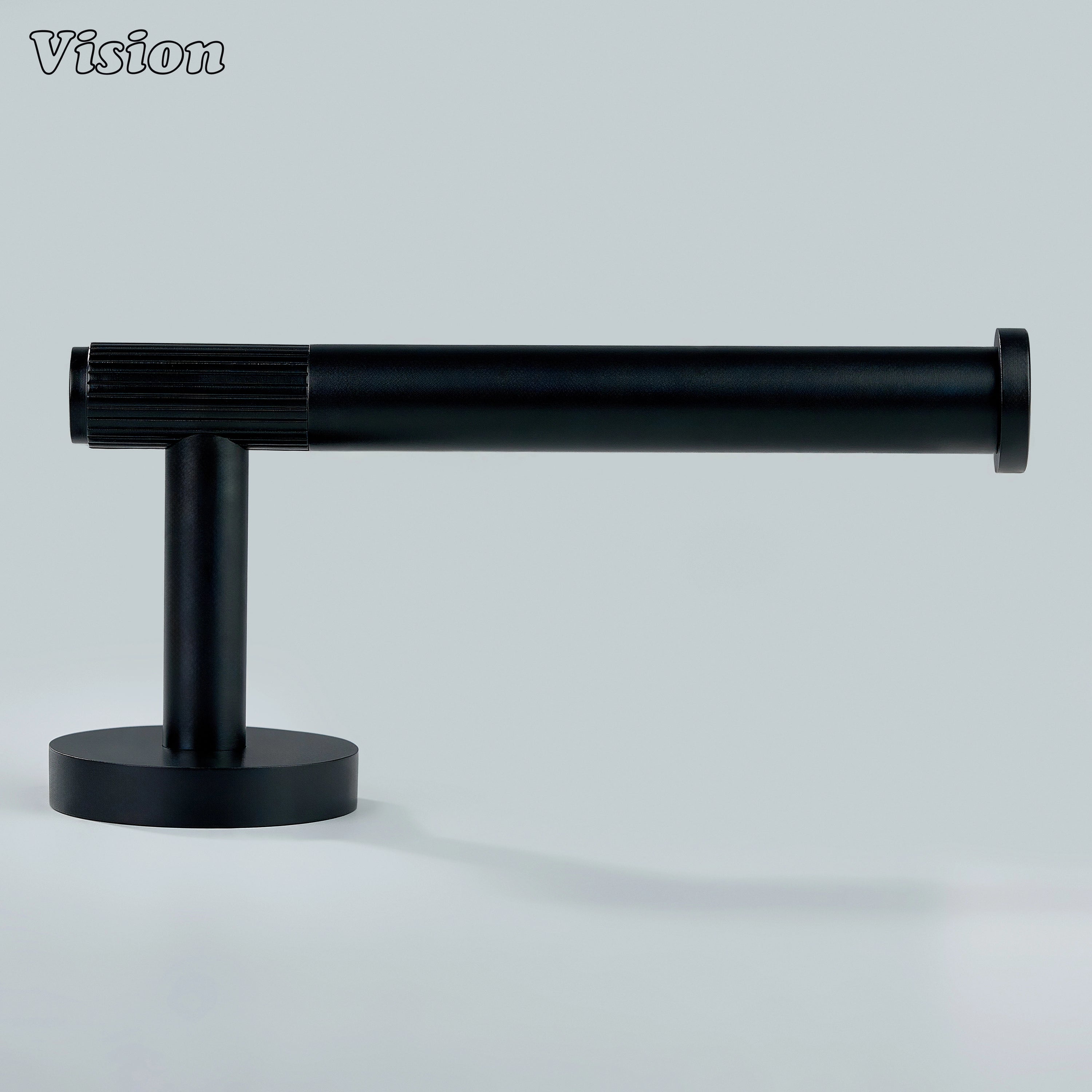 Black brass toilet paper holder with cylindrical bar for bathrooms