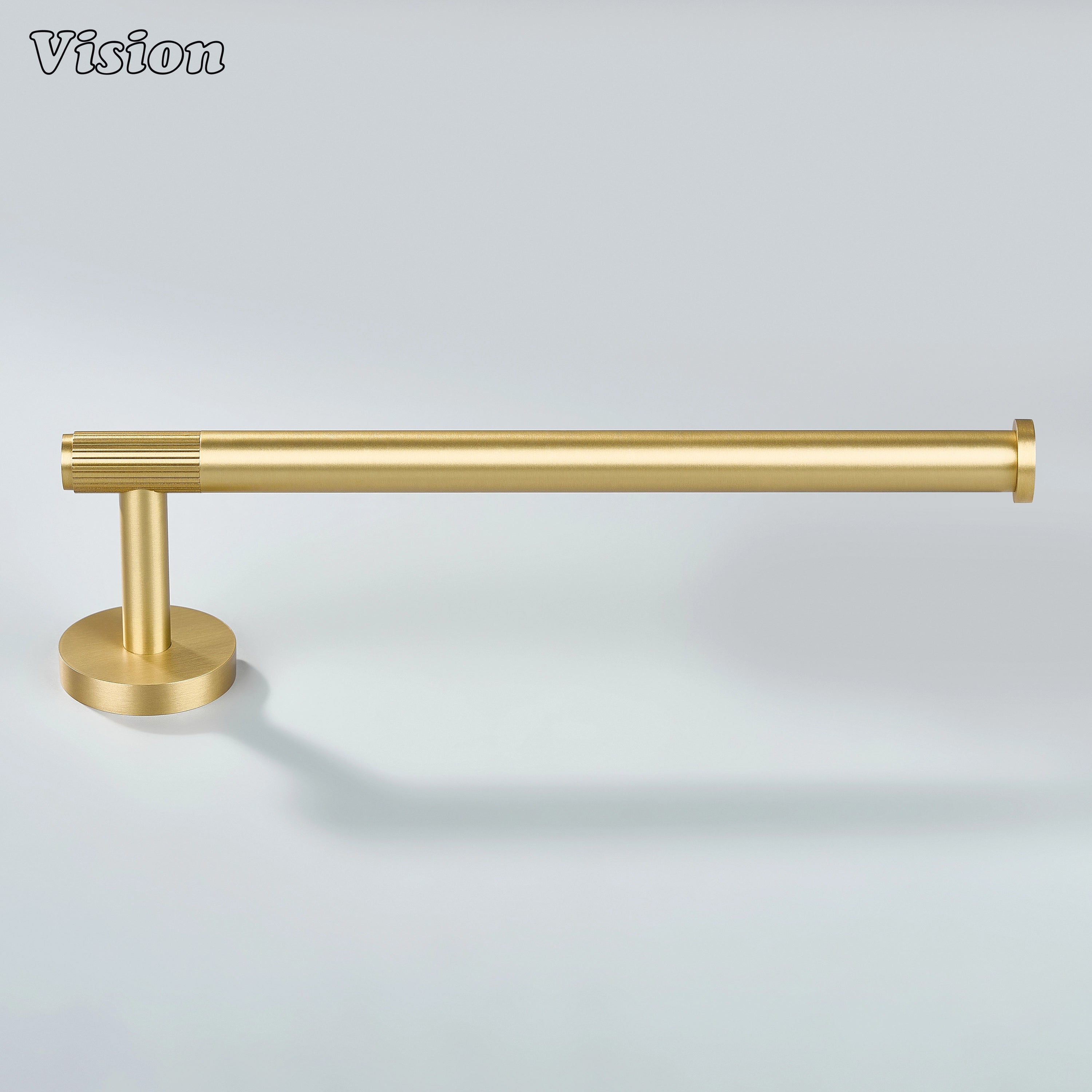 Gold finish brass towel holder featuring slim bar profile for premium bathroom interiors