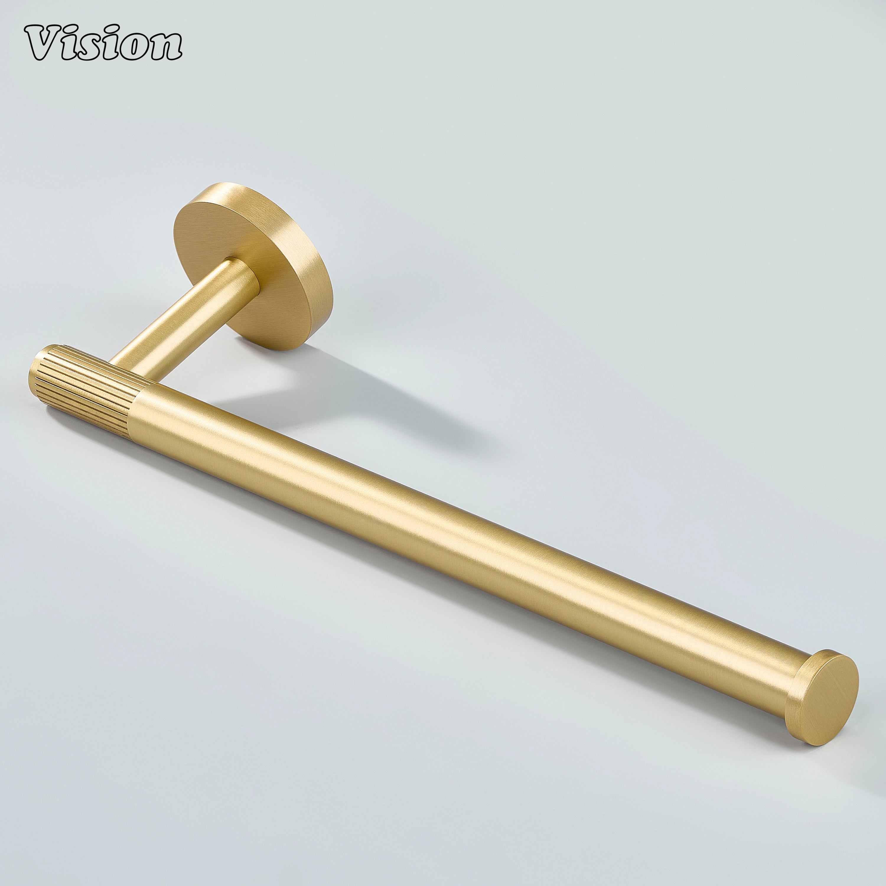 Linear knurled brass towel holder in Gold finish with cylindrical bar for luxury bathrooms