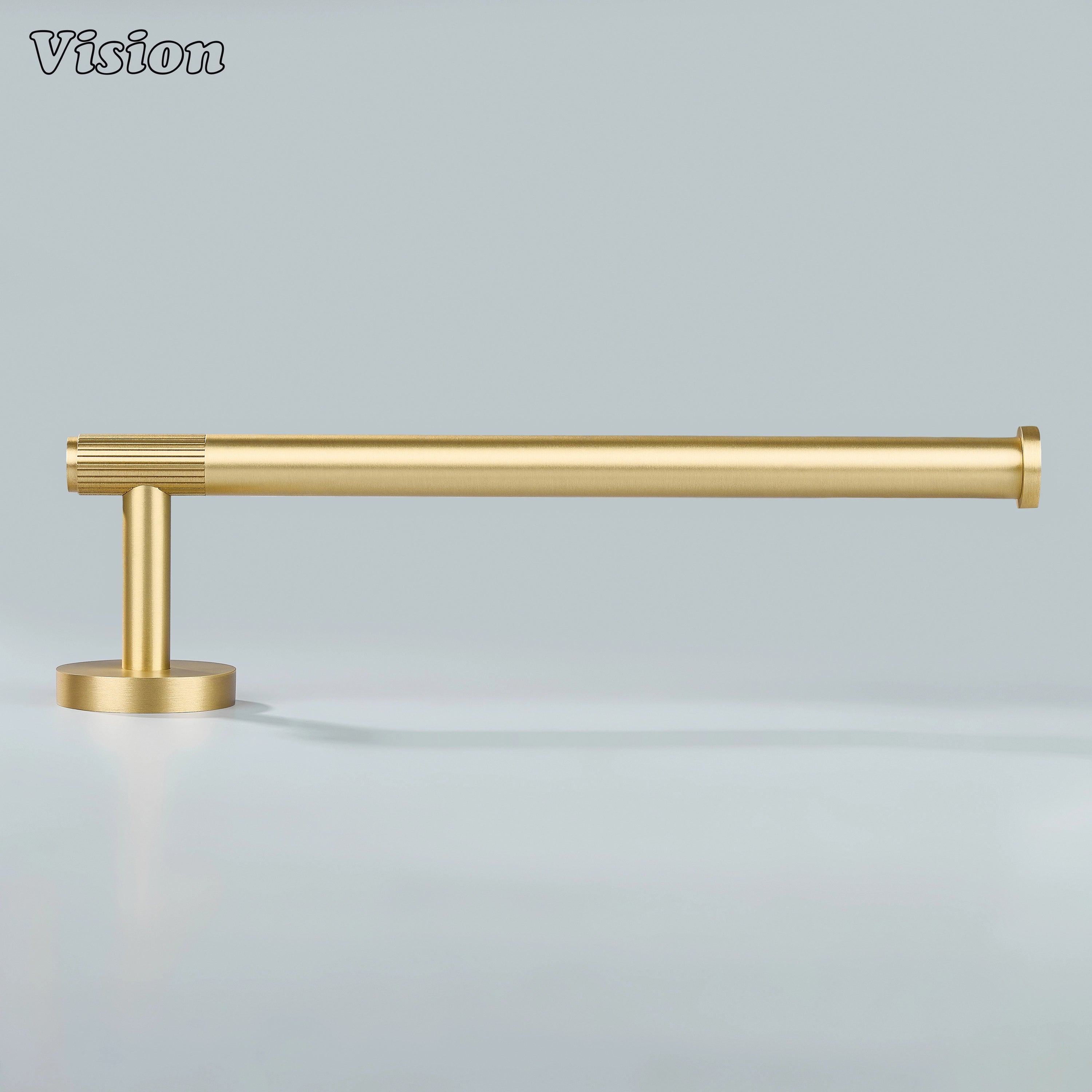 Gold linear brass towel holder with round wall mount for contemporary towel storage