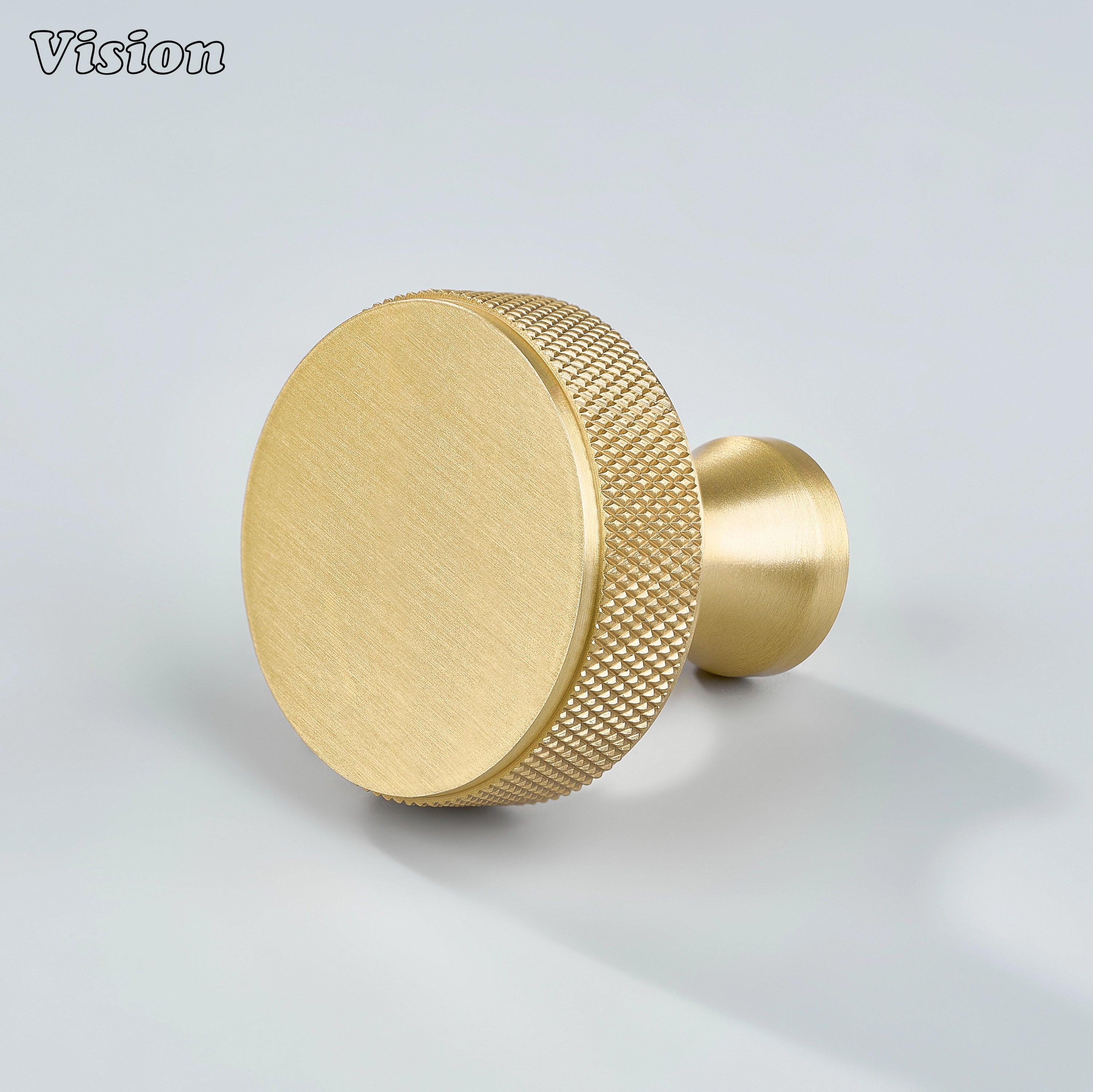 Knurled round cabinet knob in Gold finish with textured edge design, suitable for kitchen cabinets and modern furniture