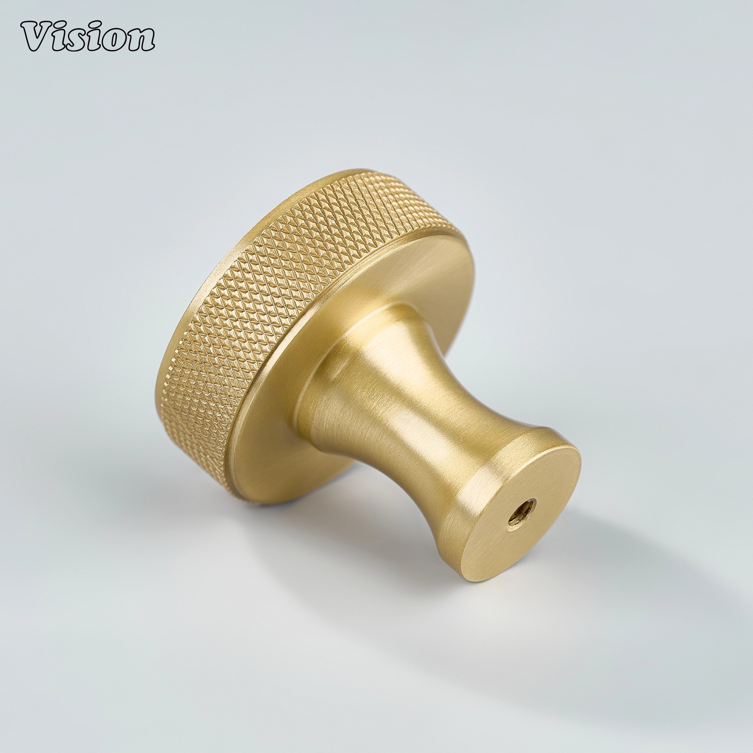Round knurled cabinet knob in Gold finish with solid brass build, designed for kitchen drawers and cabinets