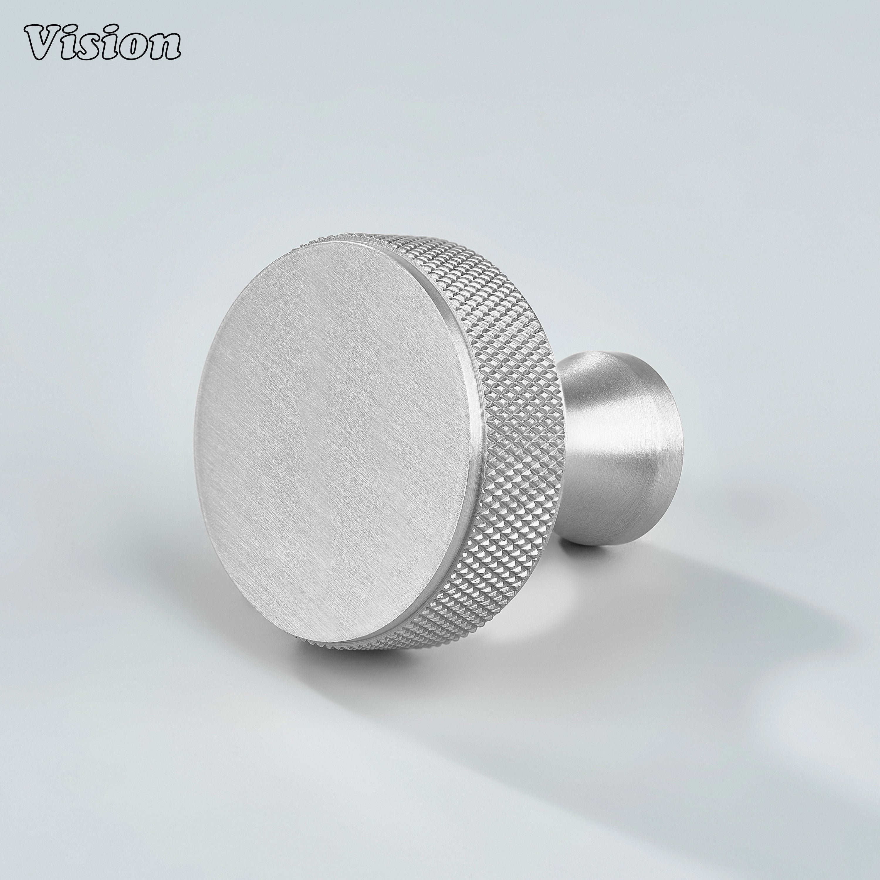 Knurled round cabinet knob in Silver finish with textured edge for kitchen cabinets